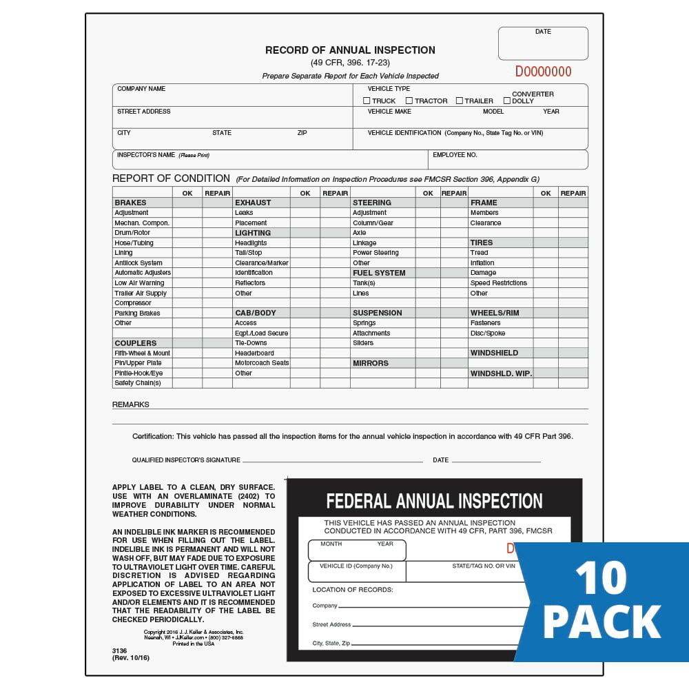 J. J. Keller Record of Annual Inspection + Decal 10-pk., 2-Ply, Carbonless,