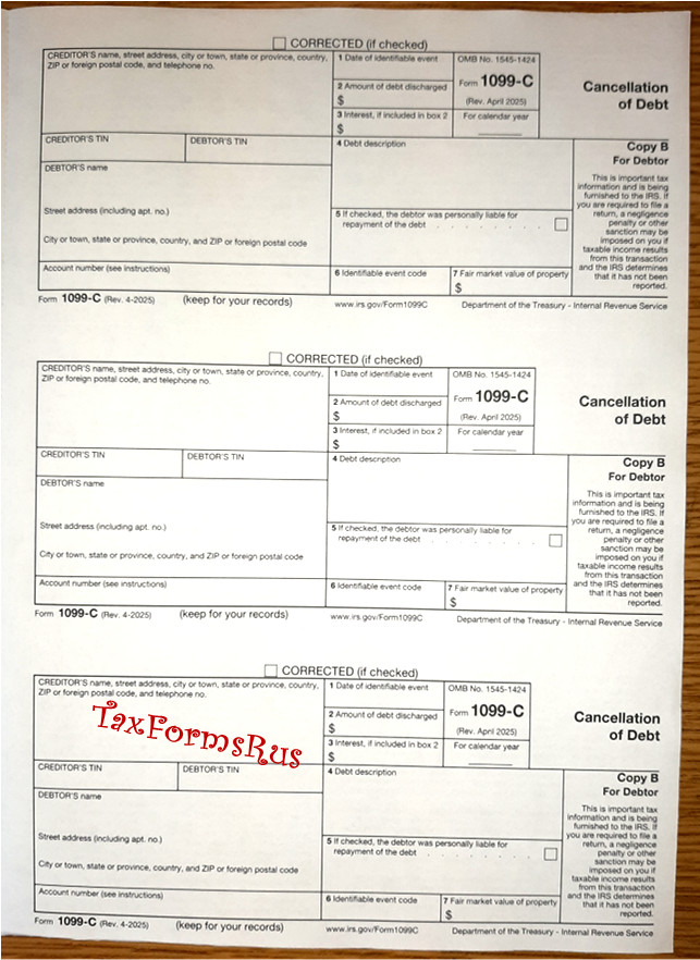 Official IRS Tax Form 1099-C single sheet set for 3 debtors NONcarbonless, 2-pt