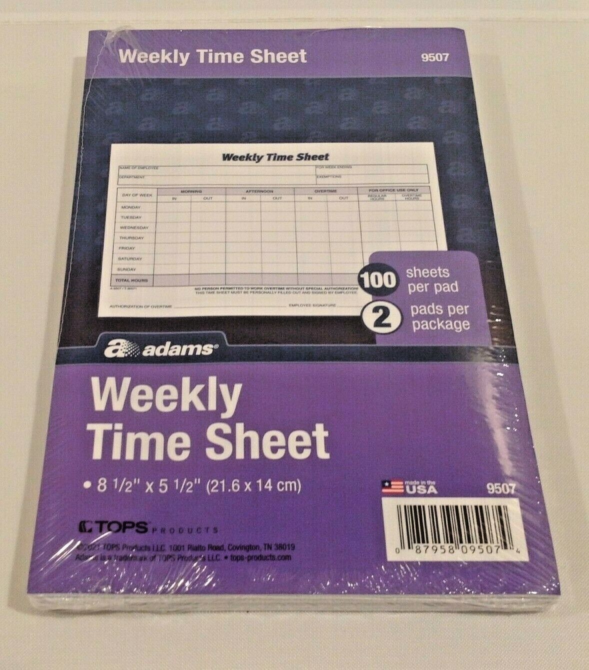 Adams Weekly Time Sheets 9507ABF 5.5″ x 8.5″ Blue/White 2 Pads of 100 Sheets NEW