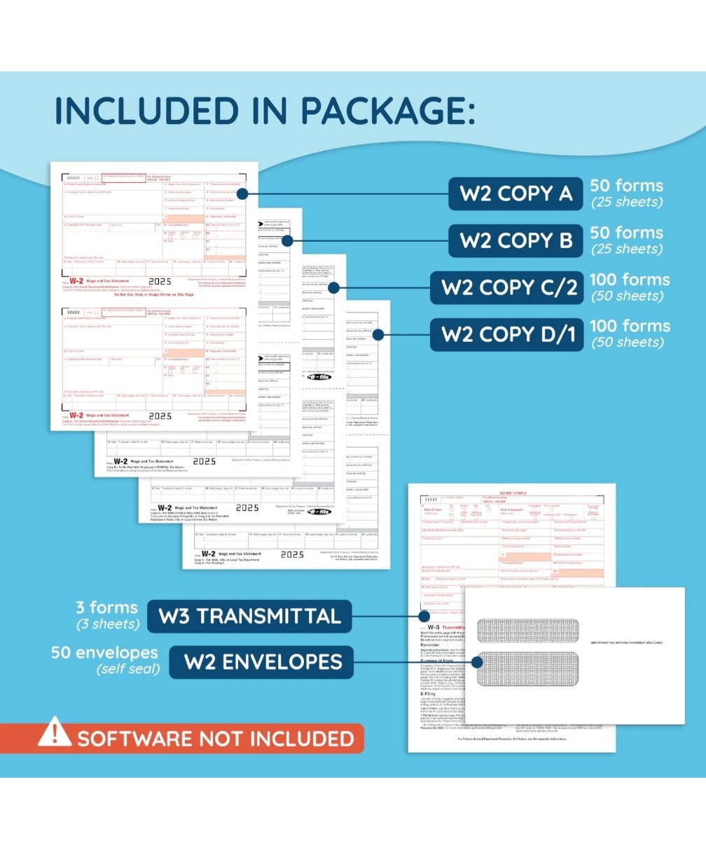 Blue Summit W2 Forms 2025 with Envelopes, 6 Part W-2 Tax 2025, 50 White