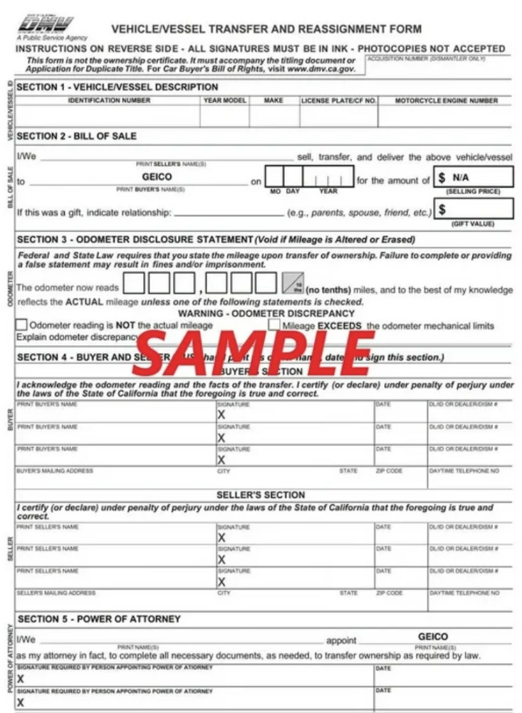 (50) CA Vehicle REG 262 FORMS California Bill Of Sale BOS Transfer Reassignment
