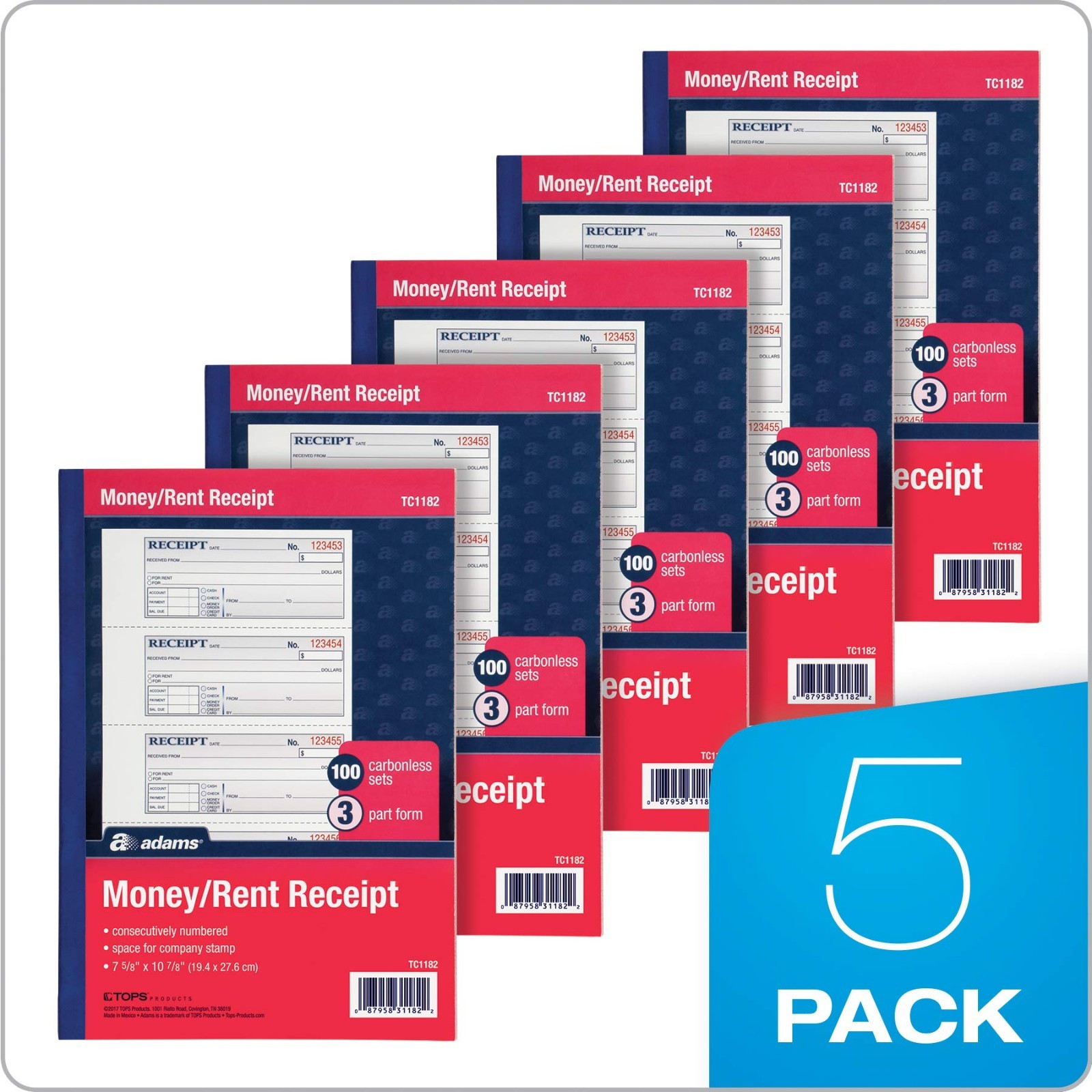 3-Part Carbonless Money & Rent Receipt Books, 100 Sets, Wraparound Cover, 5 Pack