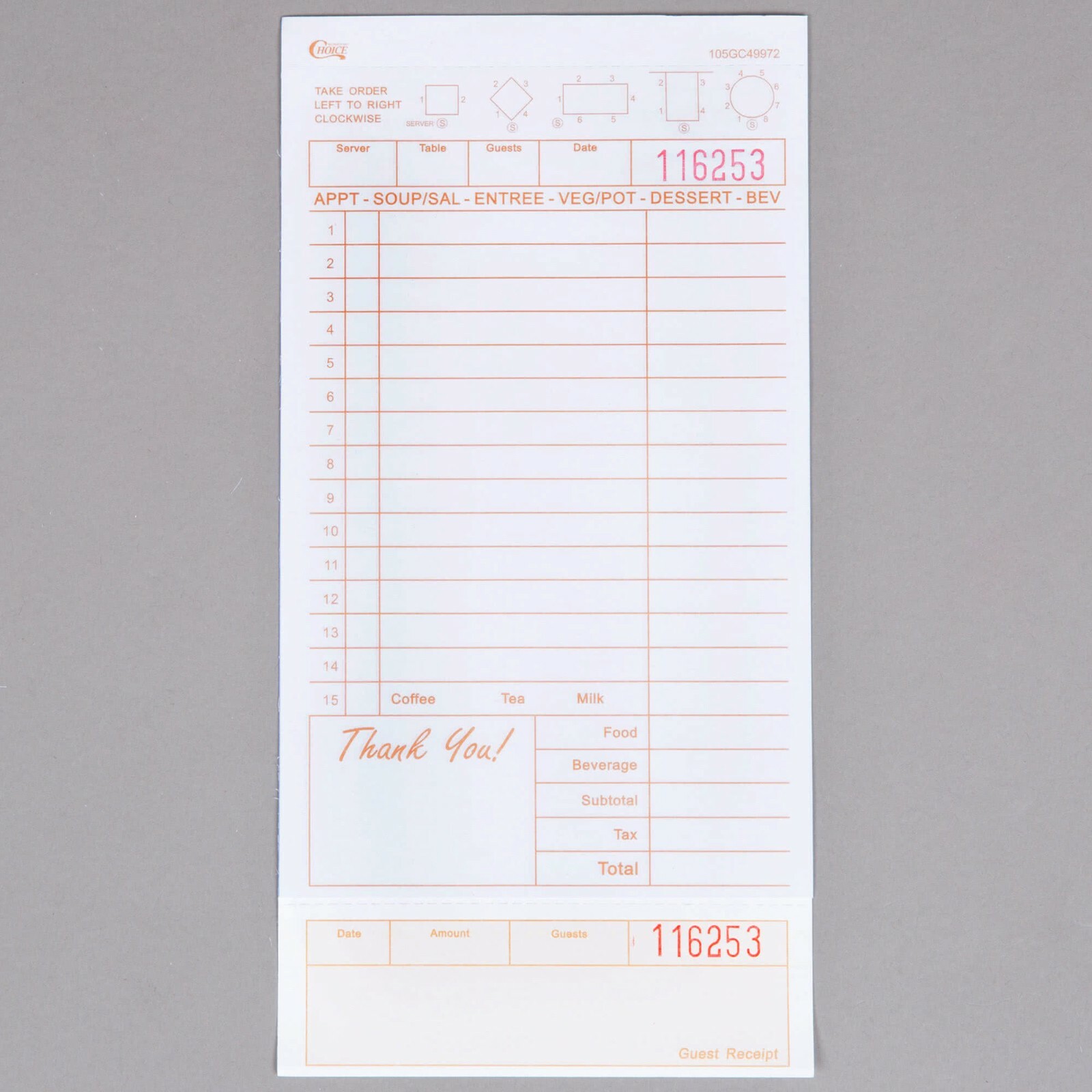(2000-Pack) 2 Part Tan and White Carbonless Guest Checks w/ Bottom Guest Receipt