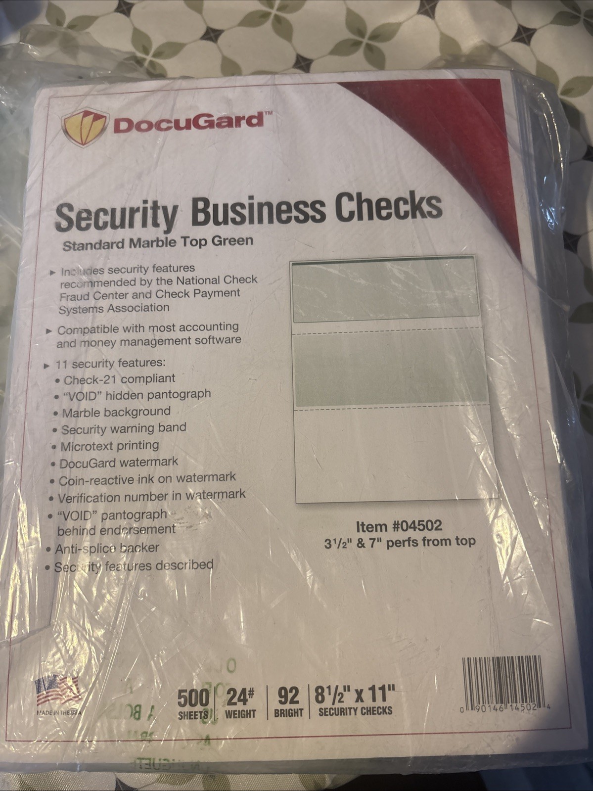 Docugard 04502 – Security Business Checks – Marble Top Green – 500 Sheets/Ream