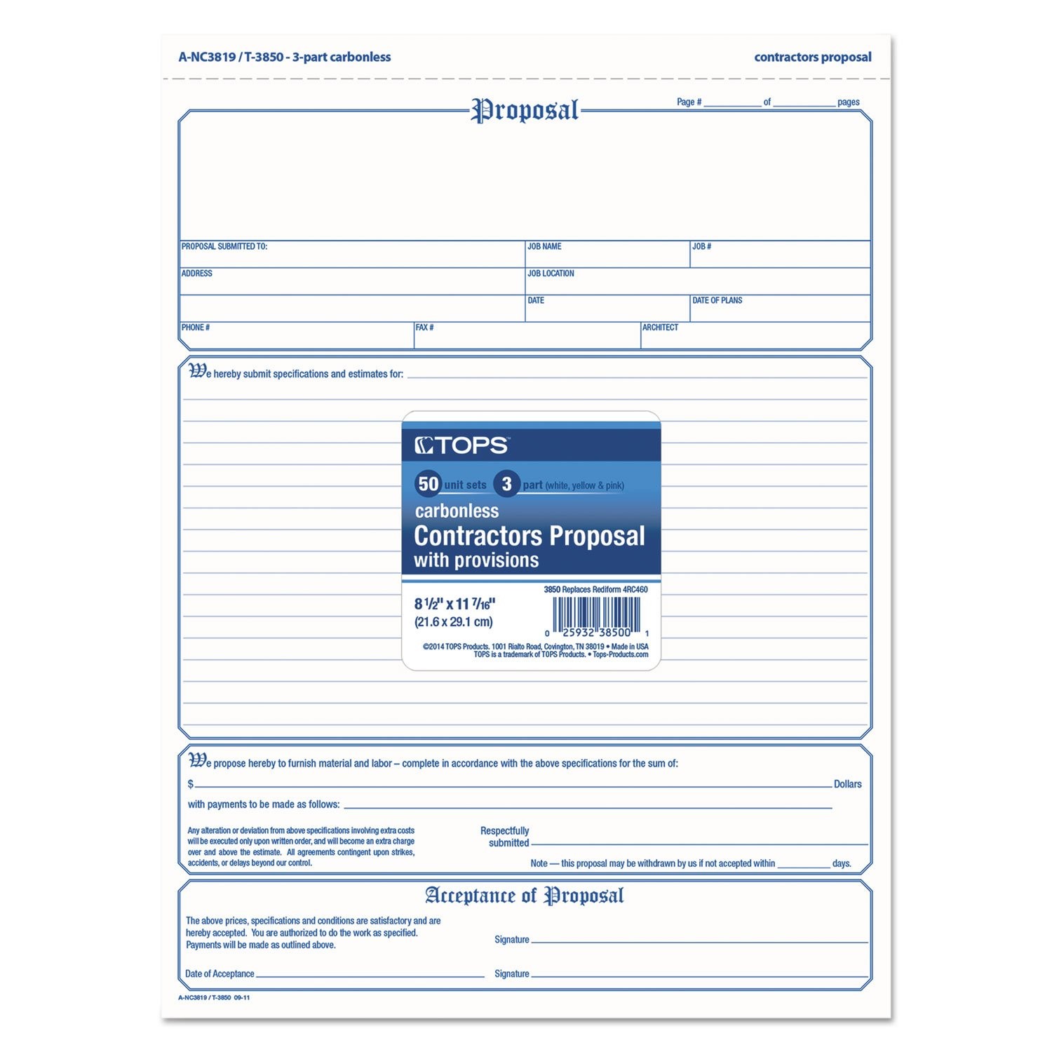 Pendaflex Tops Proposal Form 3-Part Carbonless 8.5 X 11 Inches Phantom Rule 50