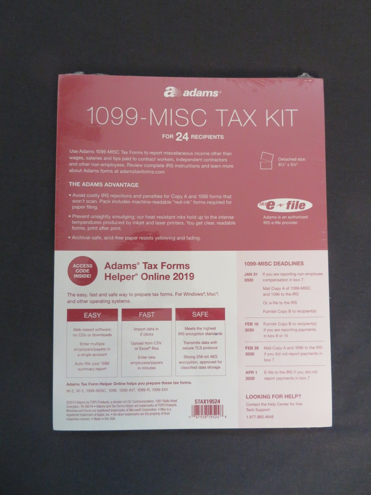 2019 Adams 1099-Misc Tax Kit 24 5-Part Sets, 3 1096 Summary Forms, 5 Free e-File