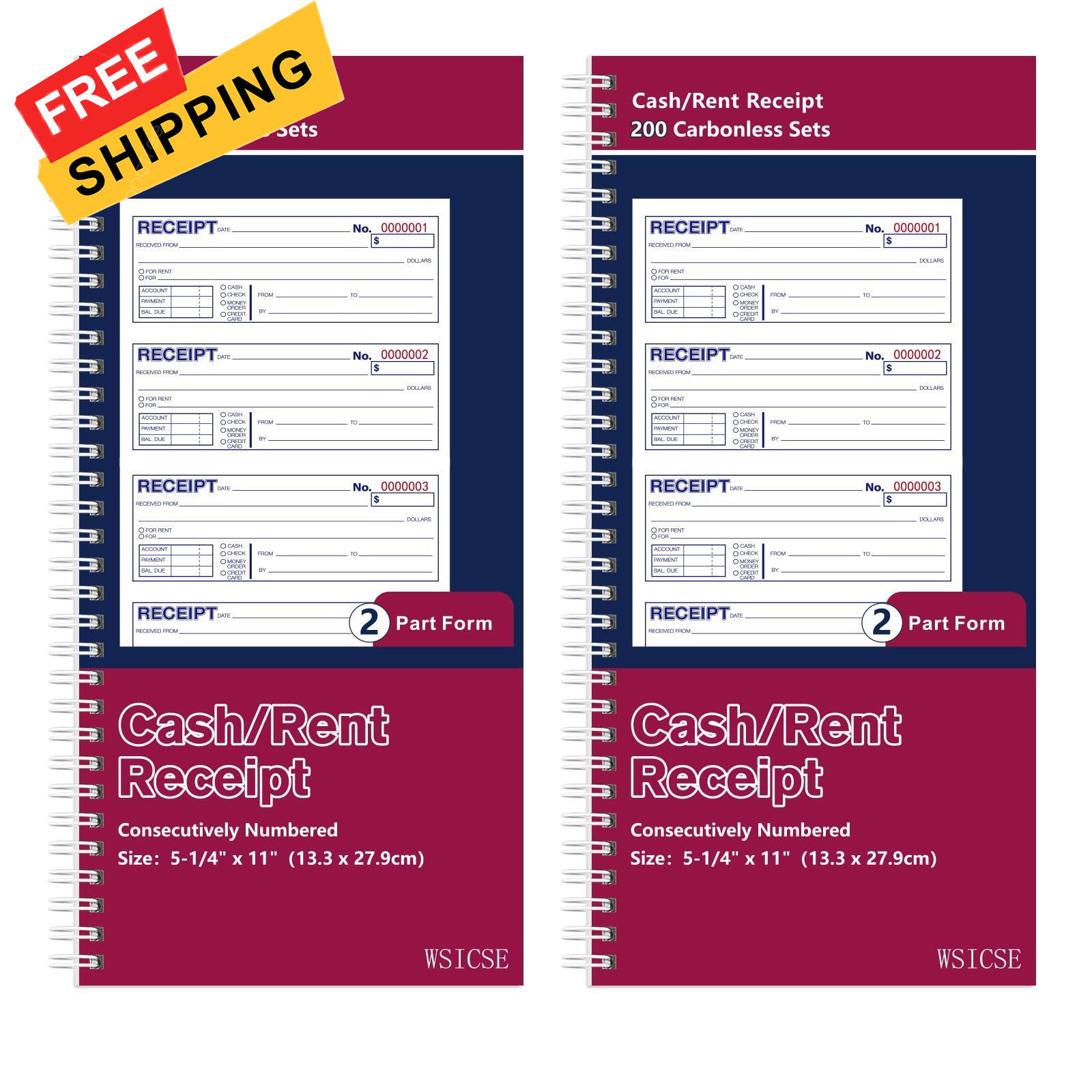 2 Pack Receipt Books with Carbon Copies, Rent Book, 2-Part Blue+red
