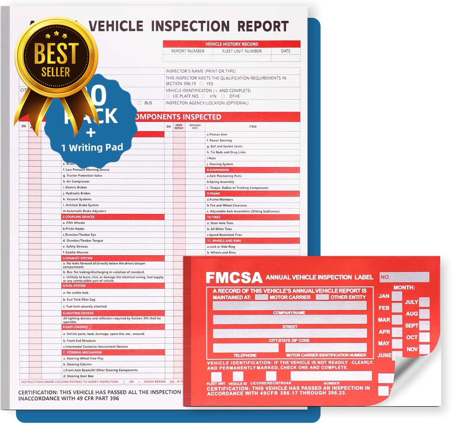30-Pack Vehicle Inspection Report Forms 3-Ply Carbonless with Hardboard FMCSA DO