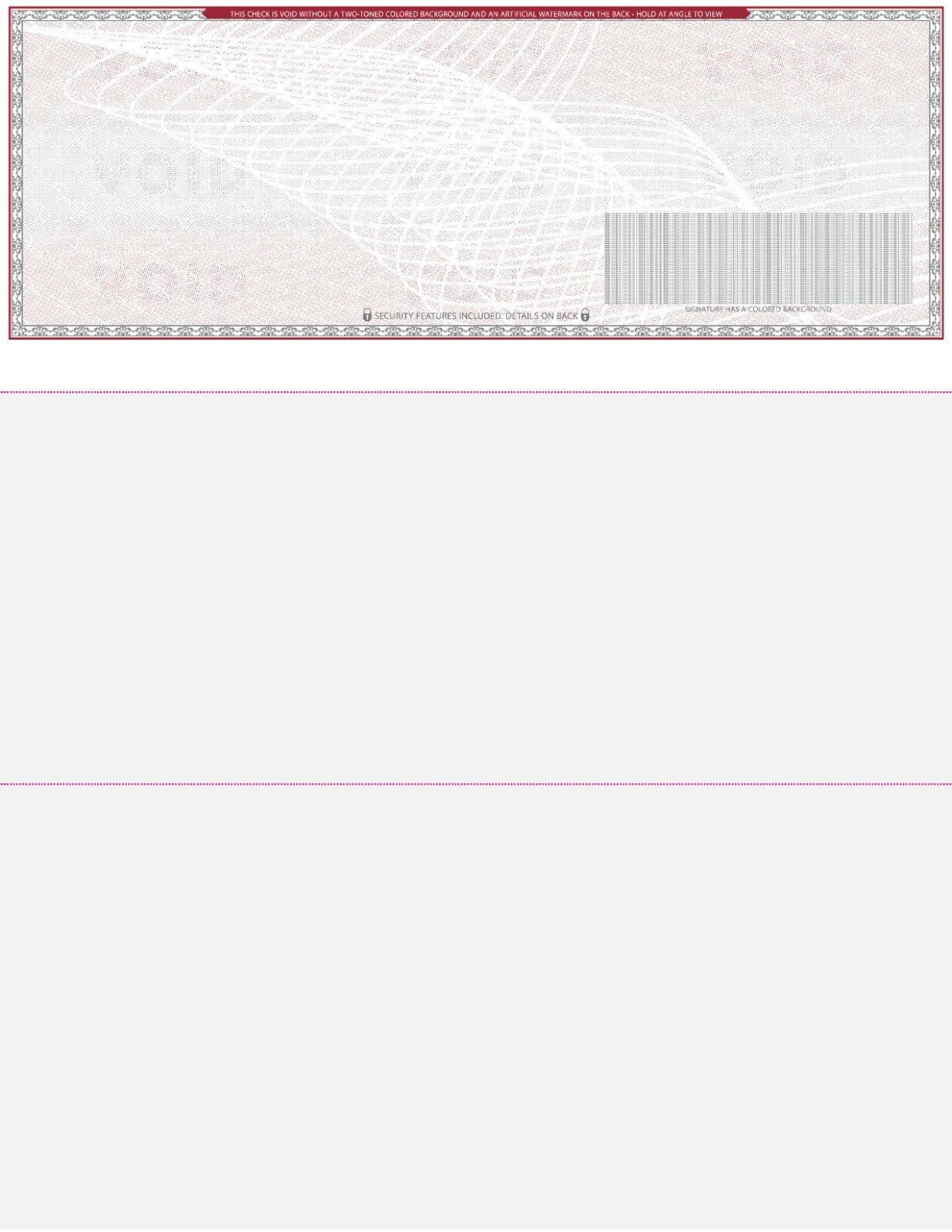 100 Blank Check paper “High Security” – Check on Top – Grey Red Art Deco