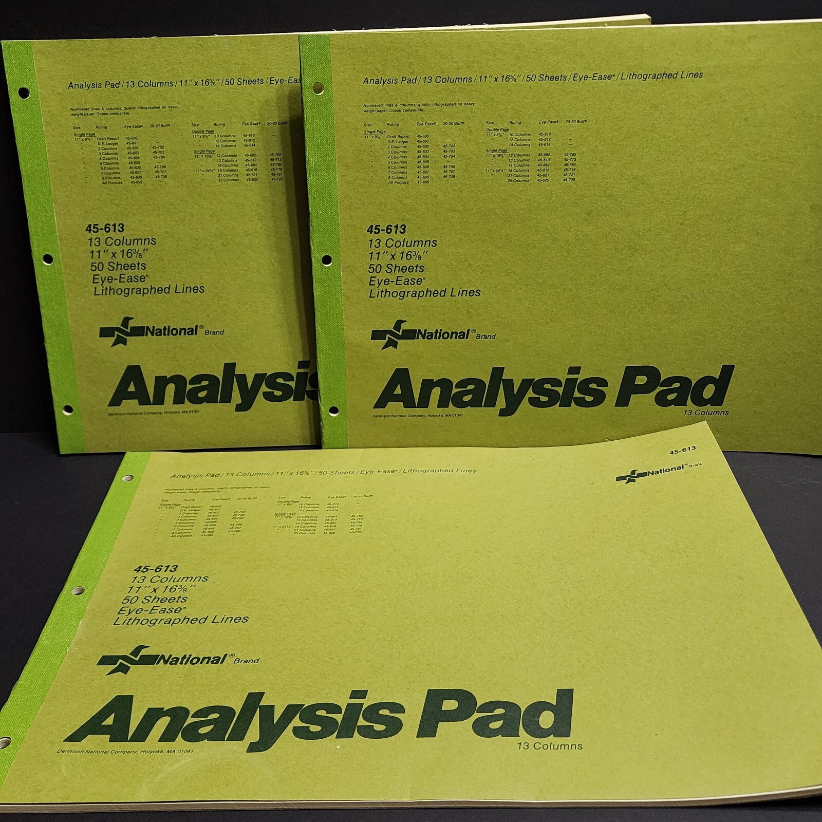3 Pack NATIONAL Analysis Pad 13 Column Green Paper 11 X 16 3/8 100 Sheets 45-613