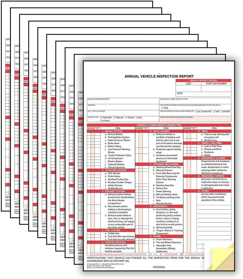 10-Pack DOT Compliant Annual Vehicle Inspection Report Forms – Carbonless 3-Ply