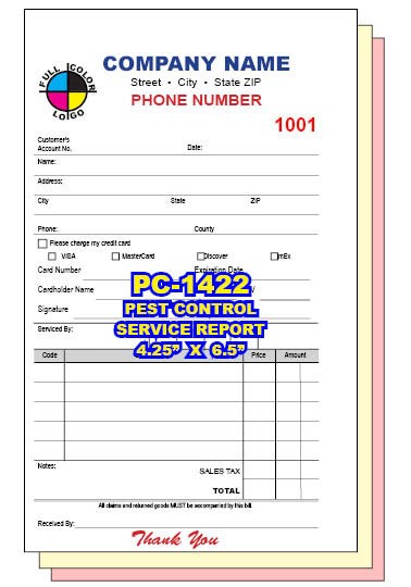 PEST CONTROL SERVICE ORDER CUSTOM PRINTED 2 or 3 Part Carbonless