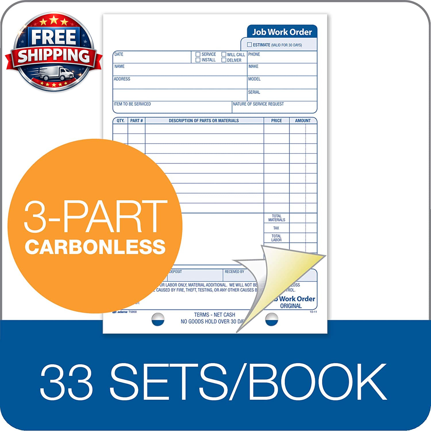 Job Work Order Book, 3-Part Carbonless, White/Canary/White, 5-9/16 X 8-7/16 Inc