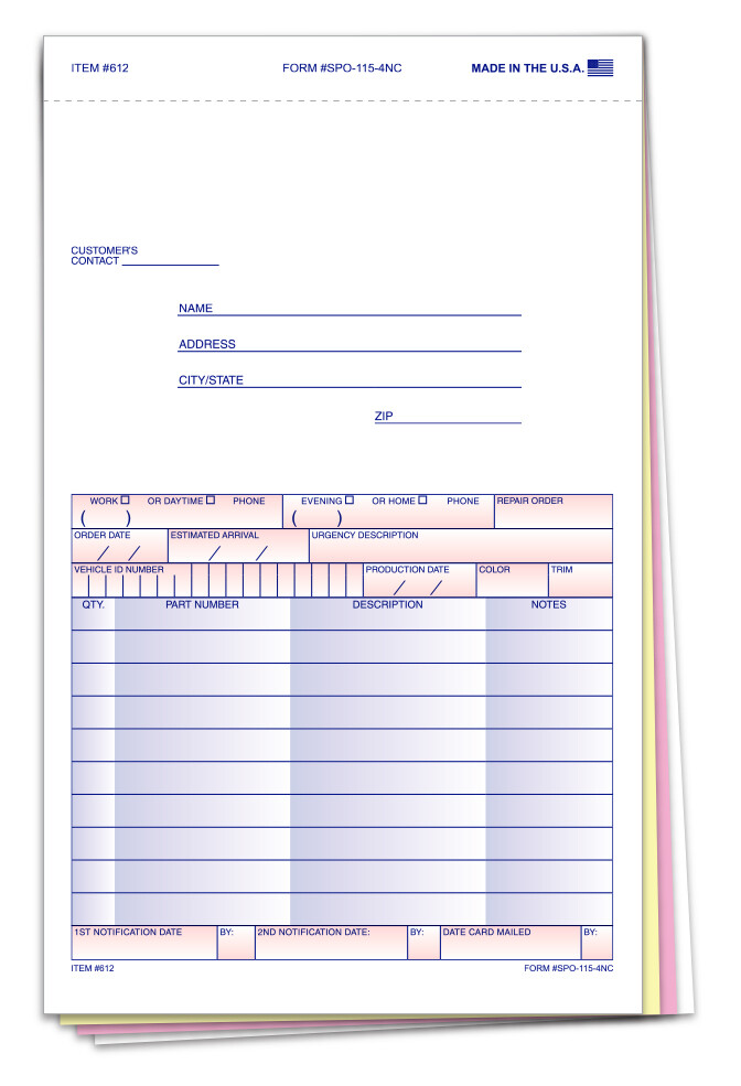 100 SPECIAL PARTS DEPARTMENT ORDER FORM 4-PART CARBONLESS FORM #SPO-115-4NC