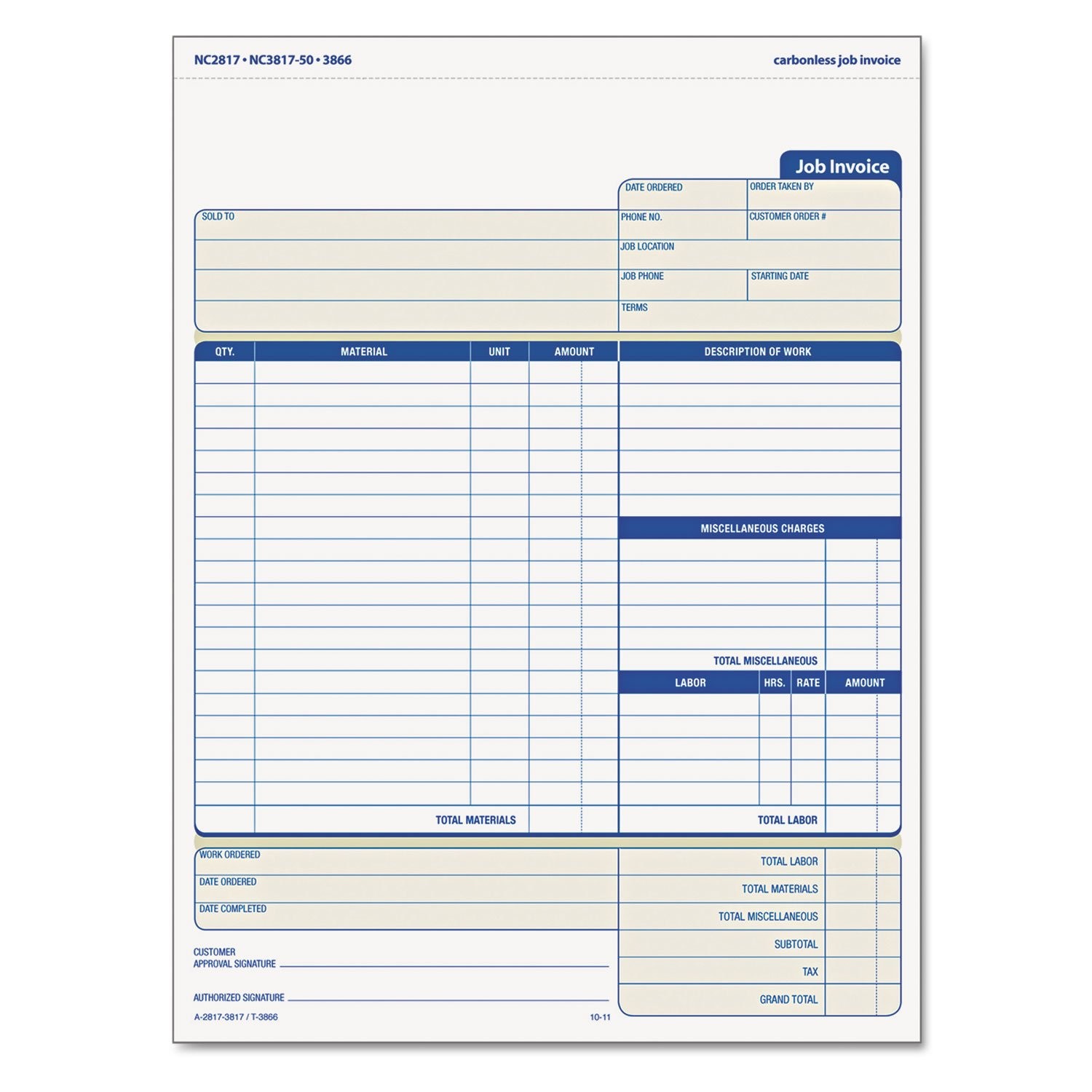 Tops Job Invoice Materials List 3-Part Carbonless 8.5 X 11 Inches 50 Sets Per
