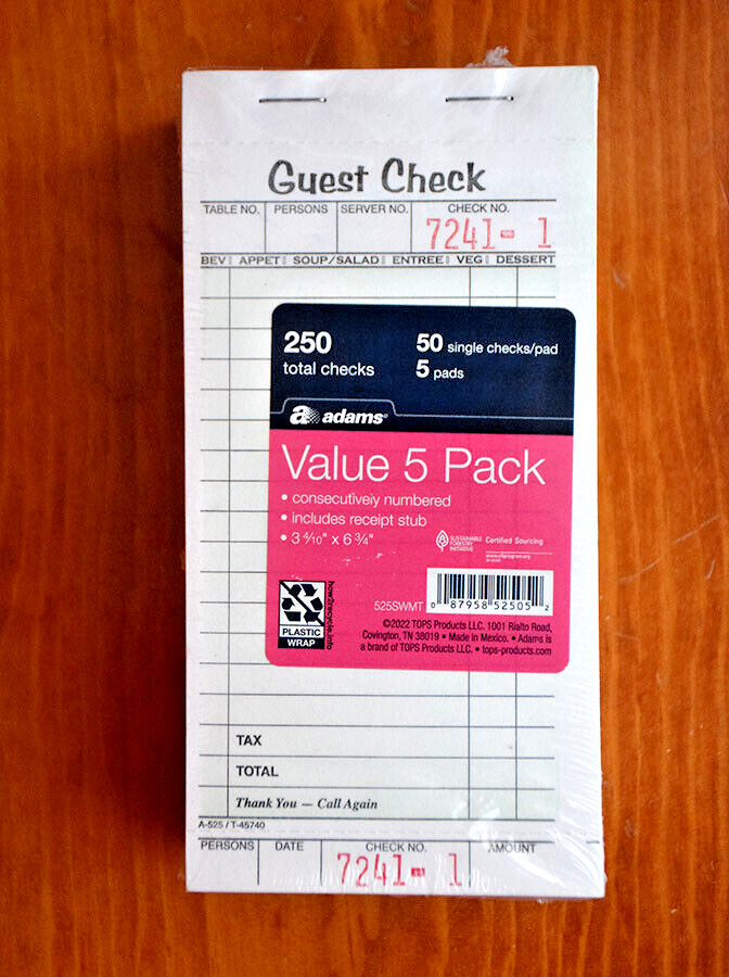 TOPS Guest Check 5-Pad Pack Single Part 50 Sheets/ea =Total 250 Cafe Slips, NEW