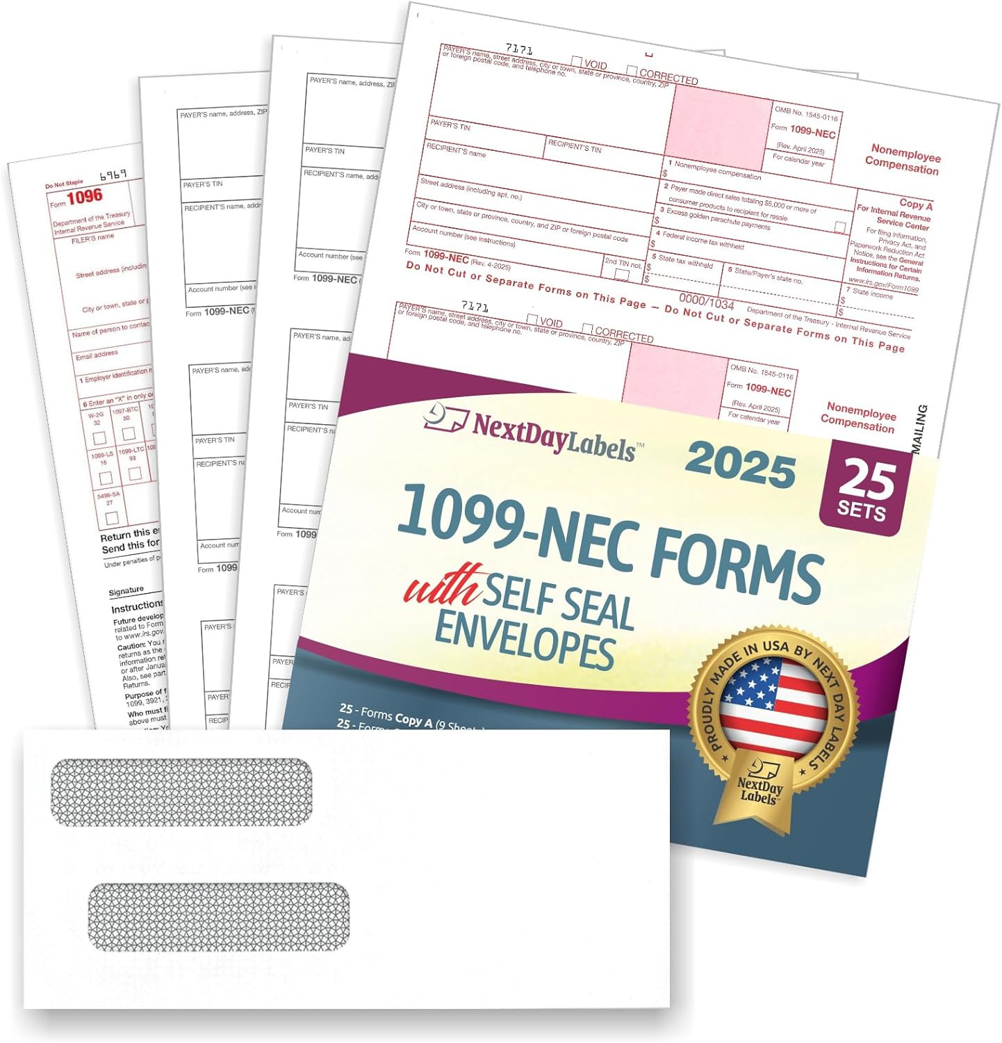Nextdaylabels 1099-NEC Forms for 2025, 4-Part Tax Forms, Kit of 25 Laser Forms,