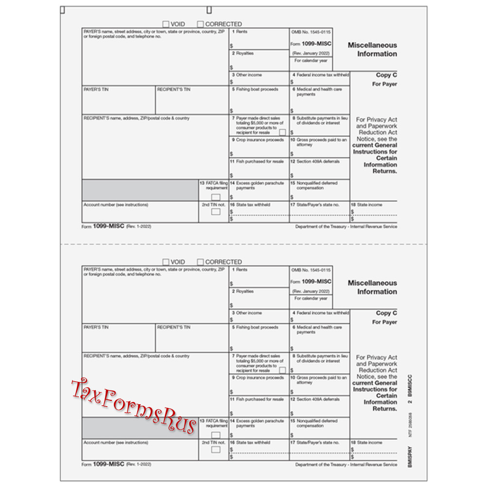 2024 IRS Tax Form 1099-MISC single sheet set LASER 2 recipients 4pt MISCS405