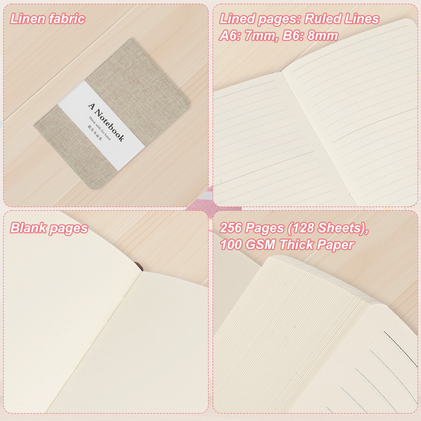 Linen Journal Notebook, 256 Pages 100 Gsm A6（3.9×5.7） Hardcover (Khaki)
