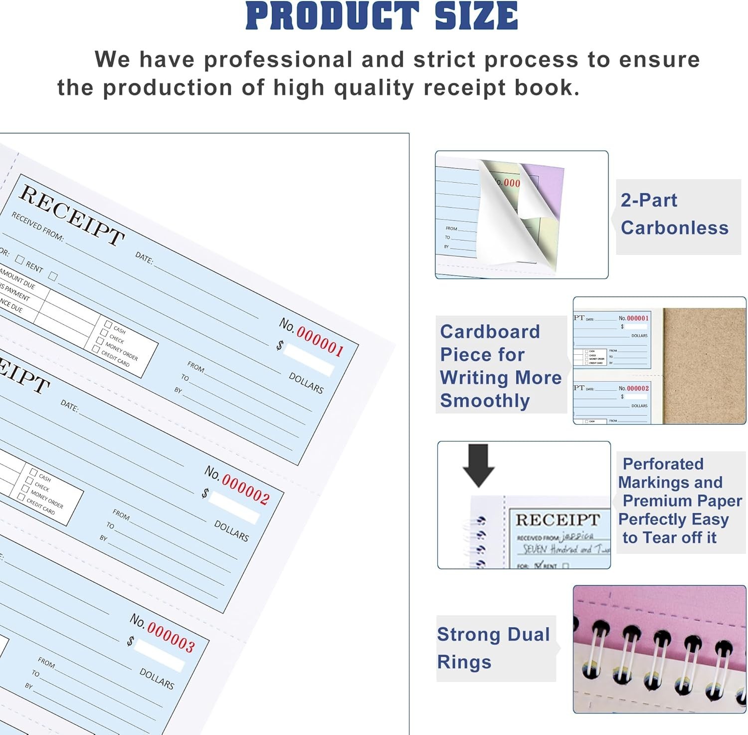 Large 3-Part Carbonless Receipt Book for Rent & Cash – Smooth Writing Experience