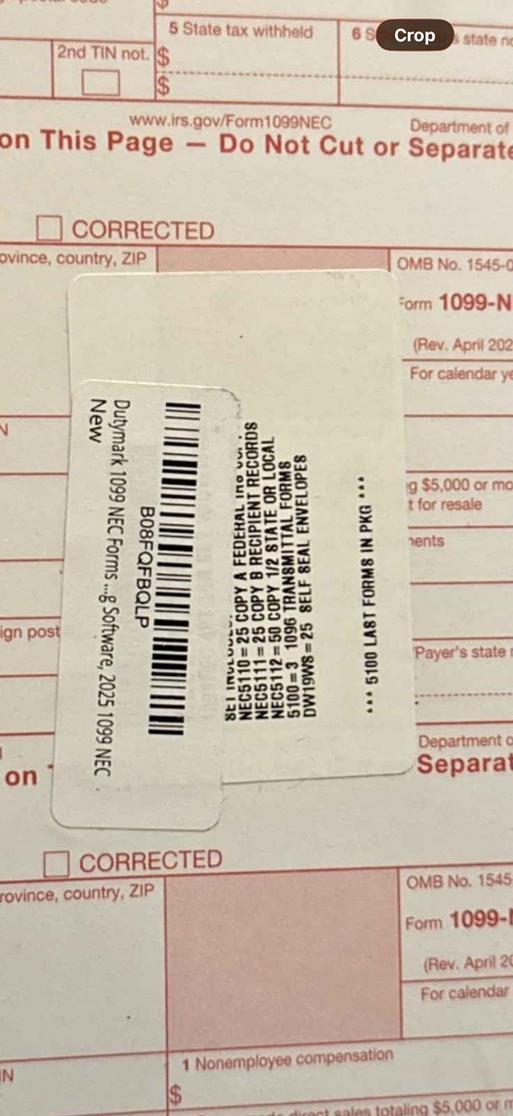 Dutymark 2025 1099-NEC Tax Forms Kit 25 Pack with Envelopes & 1096 Transmittal