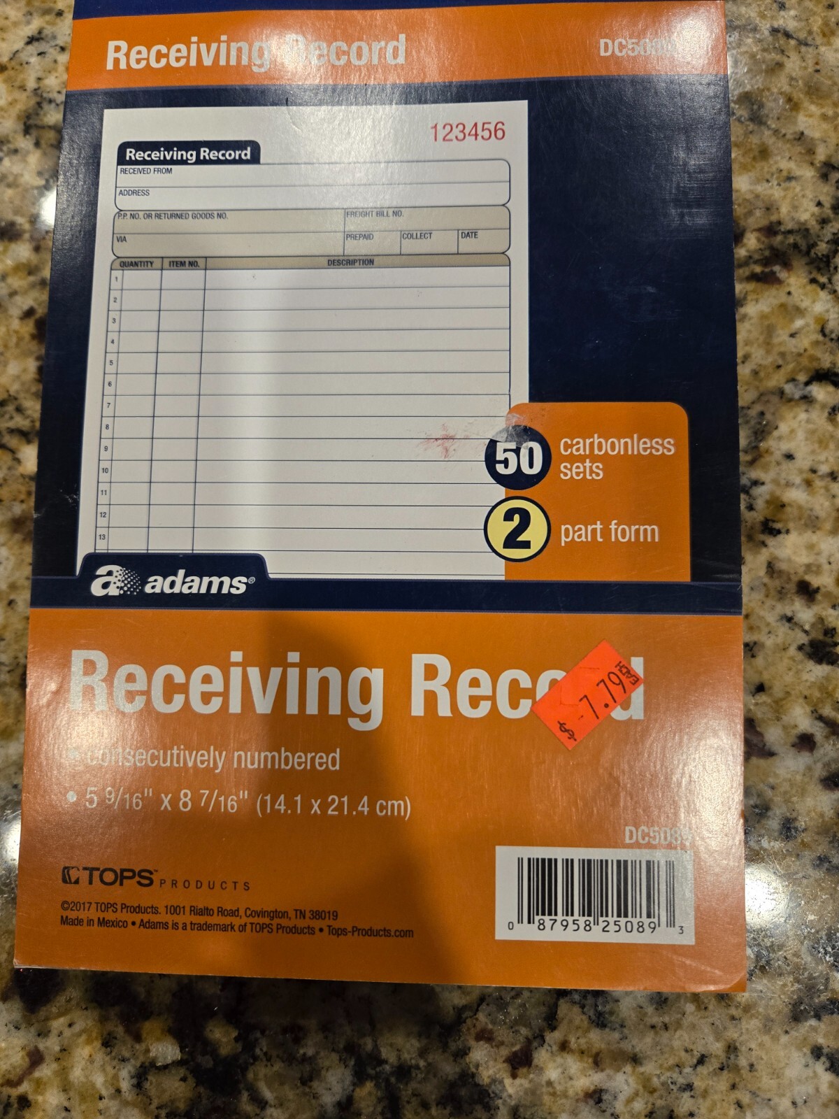 Adam DC5089 Receiving Record, 50 Carbonless Sets, 3 pads