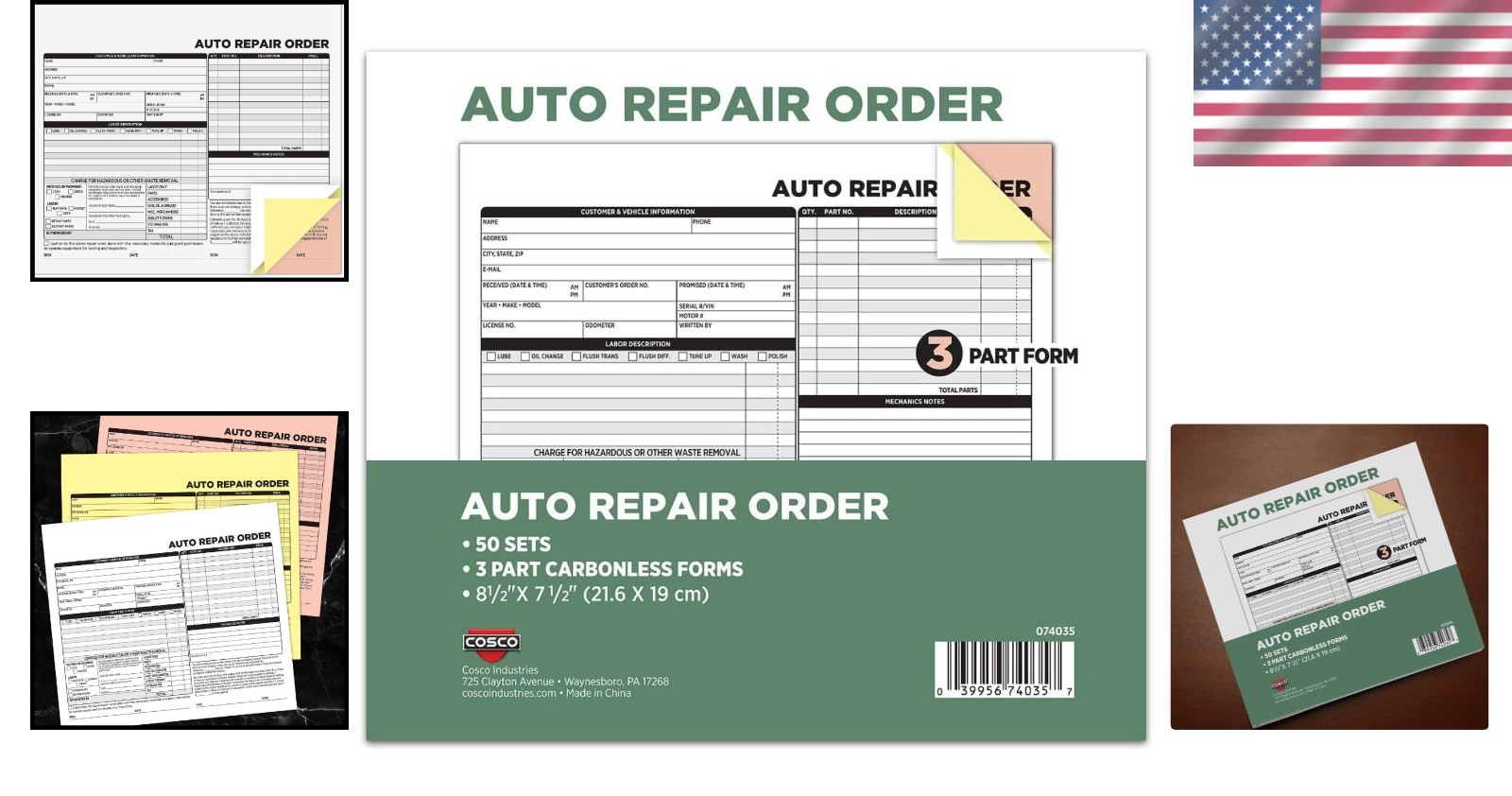 Auto Repair Order Forms, 3-Part, Carbonless, 50-Pack, White and Canary (074035)
