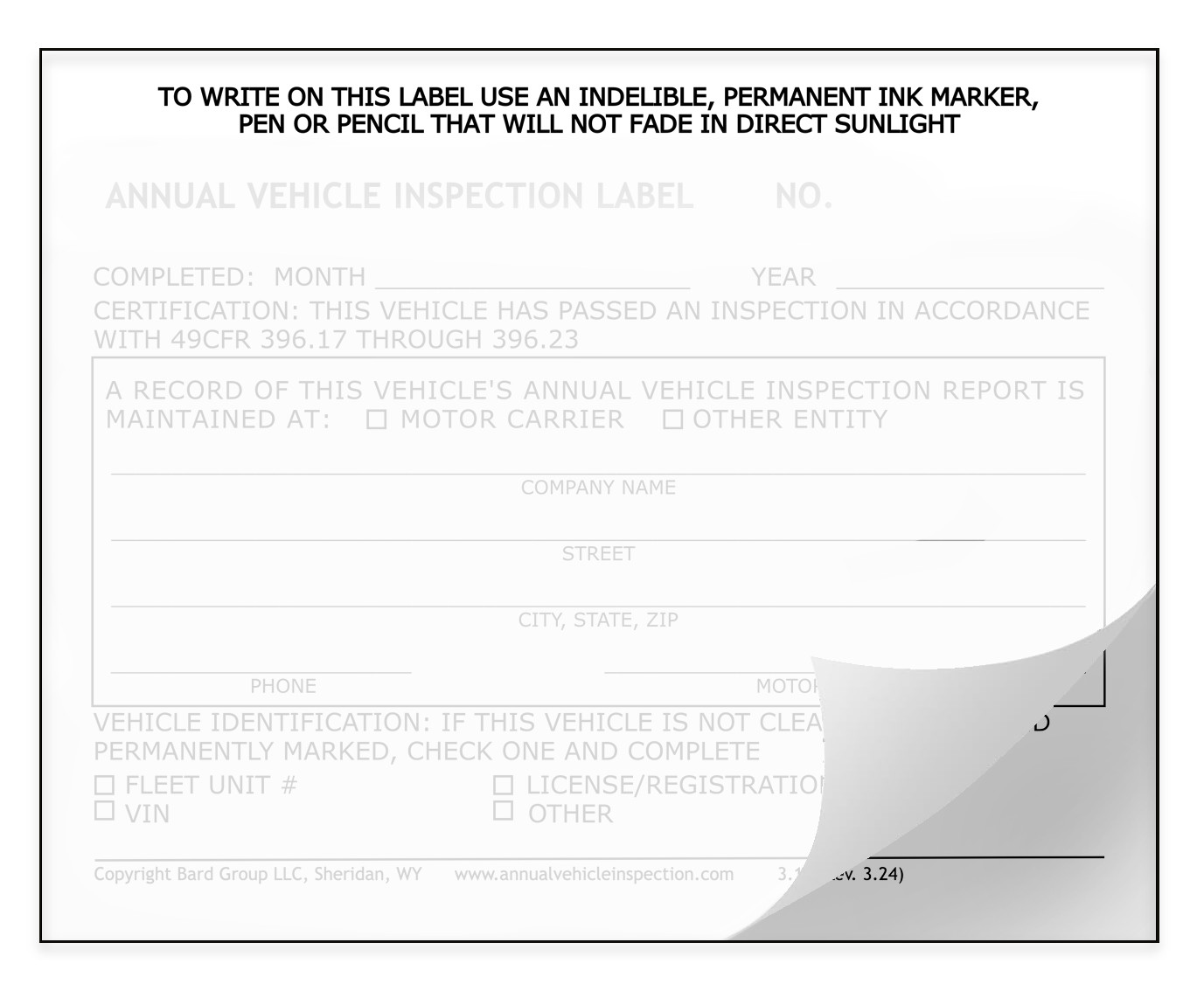 Annual Vehicle Inspection Label 2-Ply Laminated Sticker. 20, 40, 60 or 100 pack.