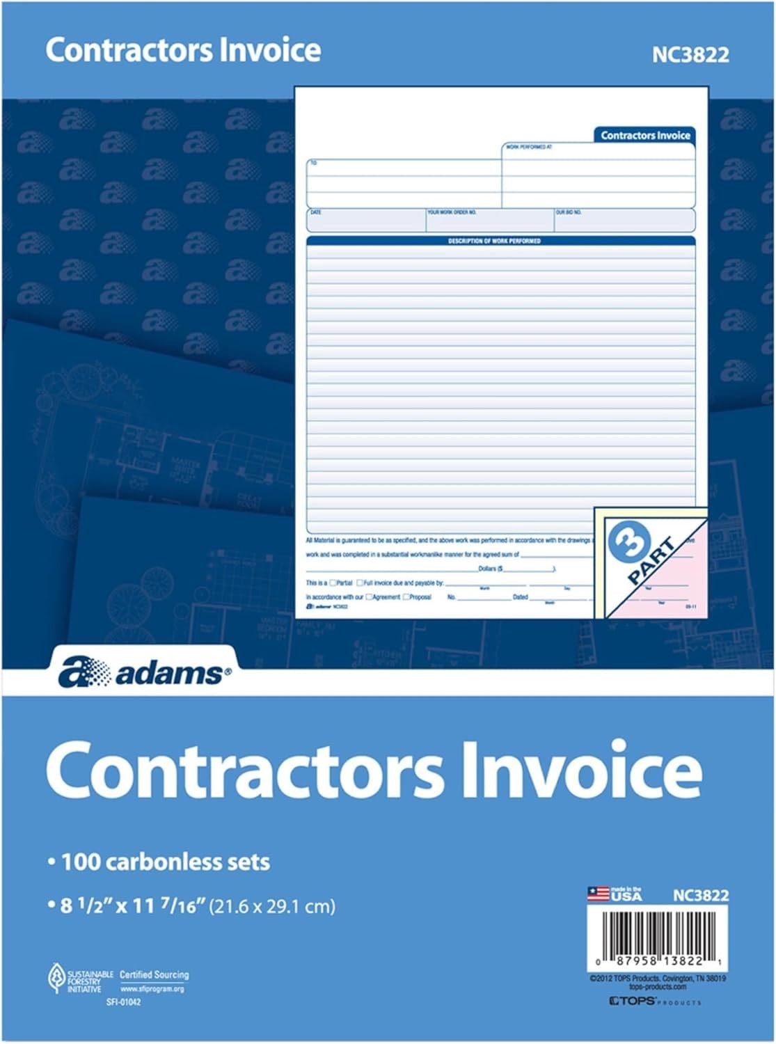 Customizable 3-Part Carbonless Invoice Forms, 100 Pack, Perfect for Contractors