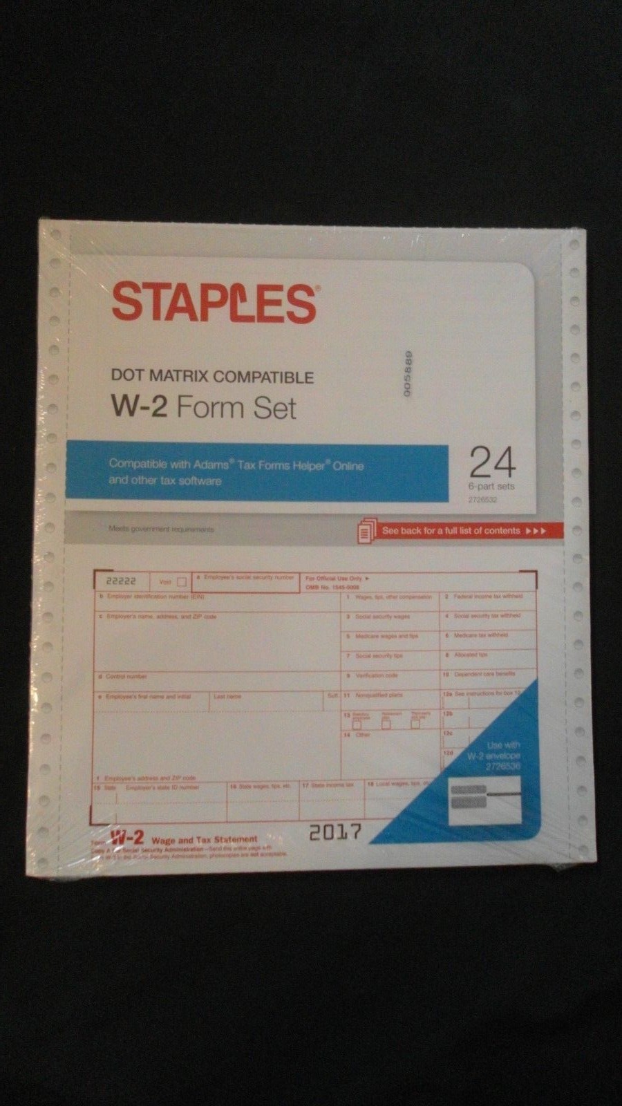 24 Count Pack of Staples Dot Matrix 2017 IRS Tax W-2 6-Part Form Sets