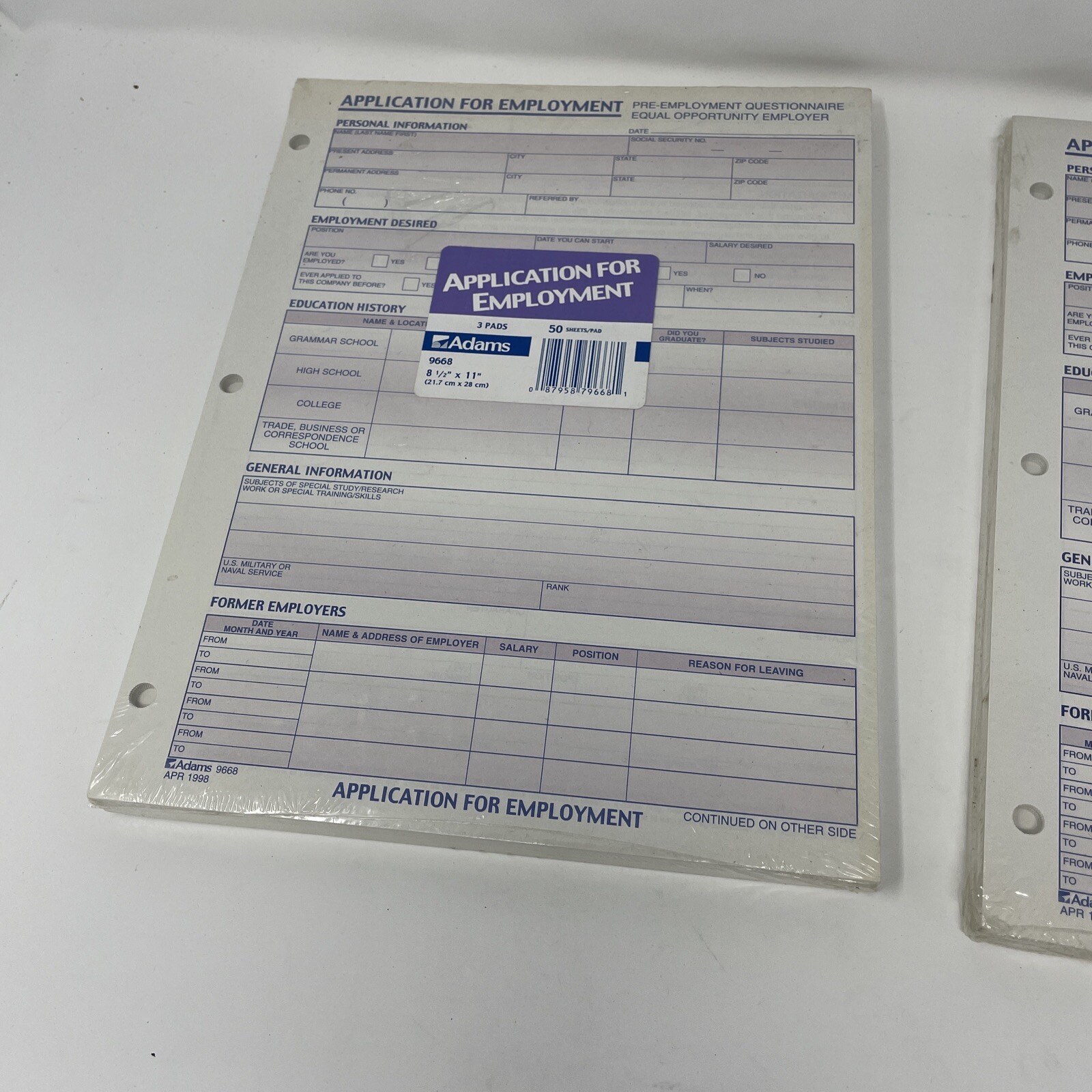 Vintage 1998 Adams 9668 & 9288 Lot Application for Employment NEW.