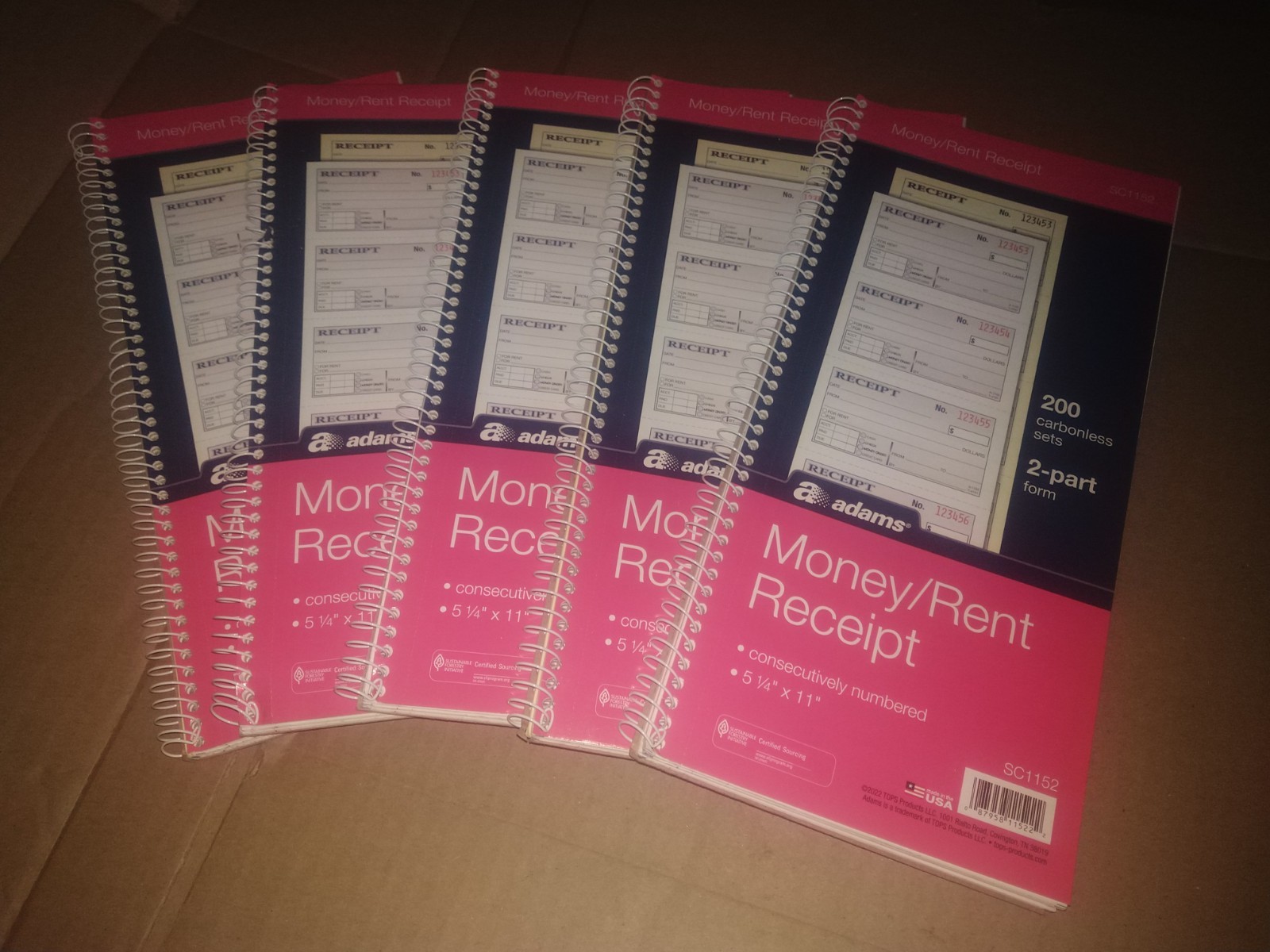 Adams Spiral Money Rent Receipt Books, 2 Part, 5-1/4″ x 11″, 5 Pack SC1152