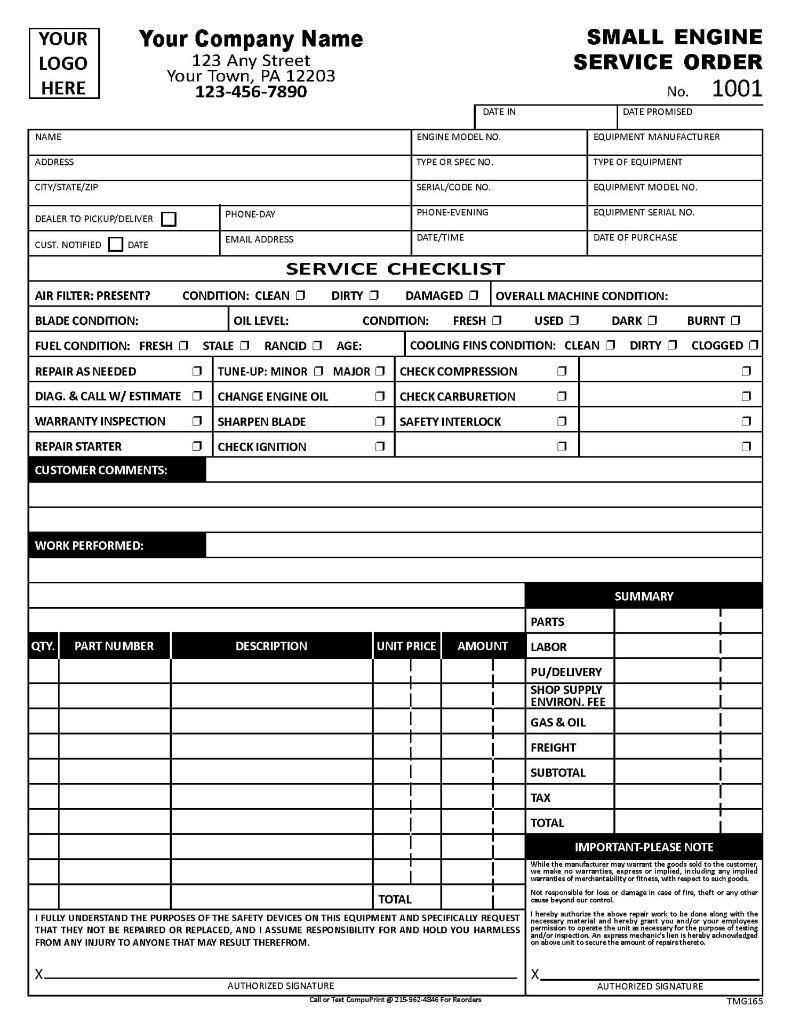 Small Engine Repair Service Work Order / 8.5 x 11 / 2 or 3 Part / TMG165