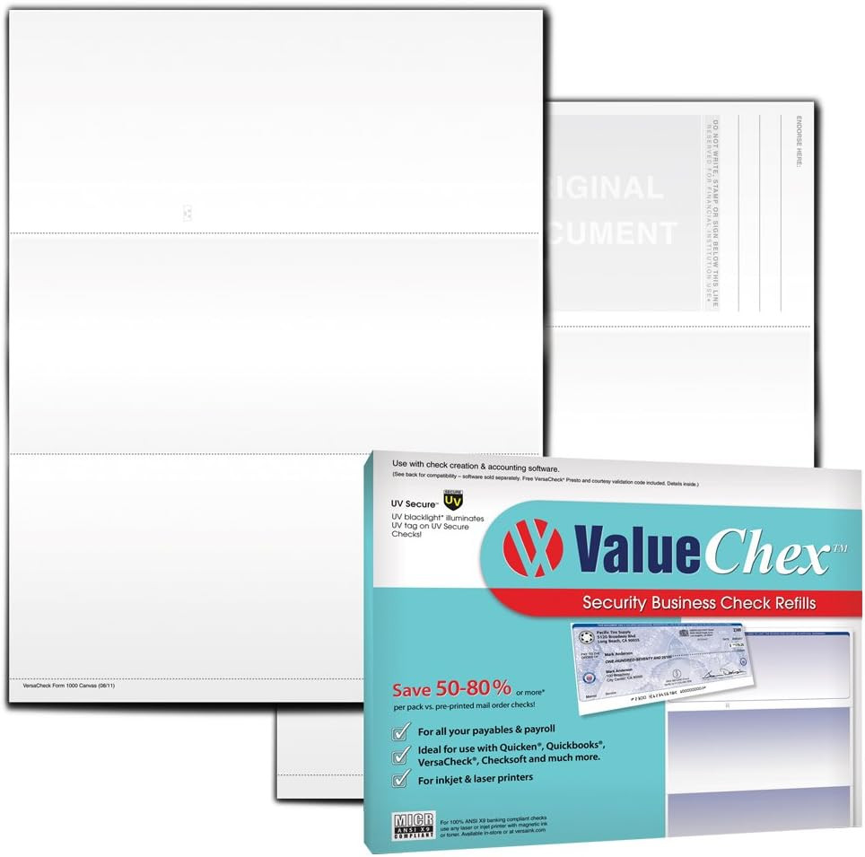 UV Secure Check Paper- Blank Check Stock – Business Check on Top, Canvas, 55 Cou