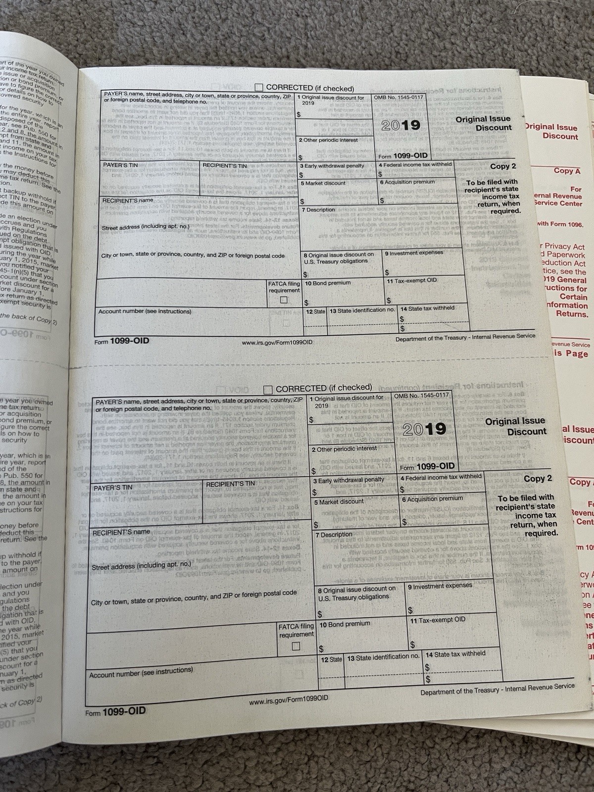 1099-OID 2019 Year – 20 Pack 2 part set carbonless IRS Tax Form 40 slots total