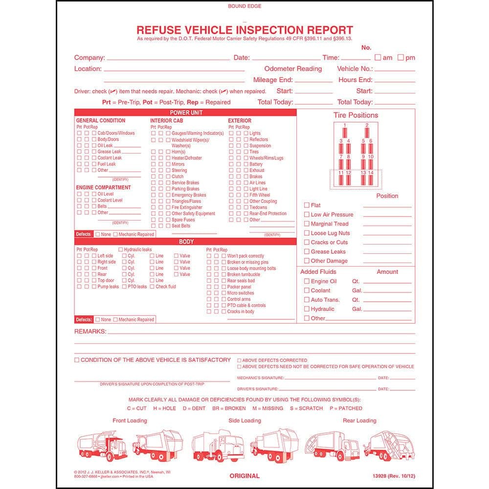 Refuse Truck Driver’s Vehicle Inspection Report 5-pk. – Book Format with 31 S…
