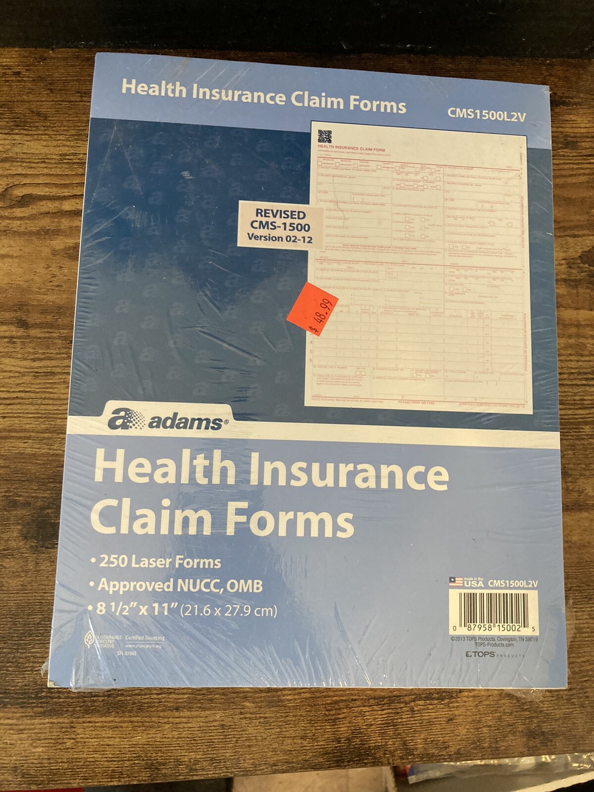 Adams CMS1500L2V Health Insurance Claim Forms Laser Forms 8.5” x 11″ 250 forms