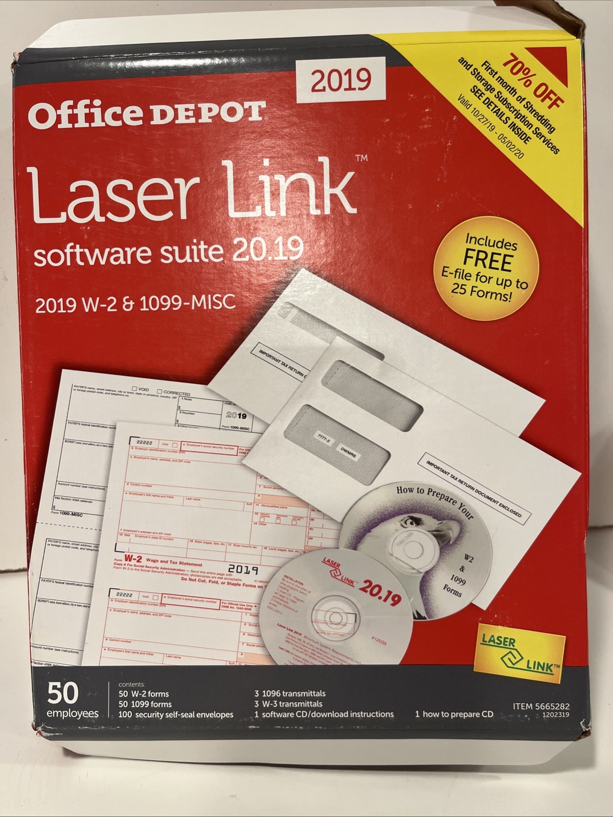 Office Depot Laser Link Software Suite W-2 + 1099-Misc 50 Employees 2019 USA W2