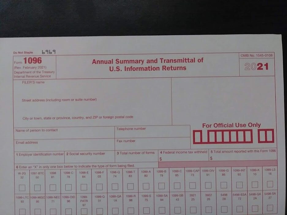 2021: 5 SHEETS 1099-A Acquisition/Abandon of Sec Prop & 3=1096 Transmittal Forms