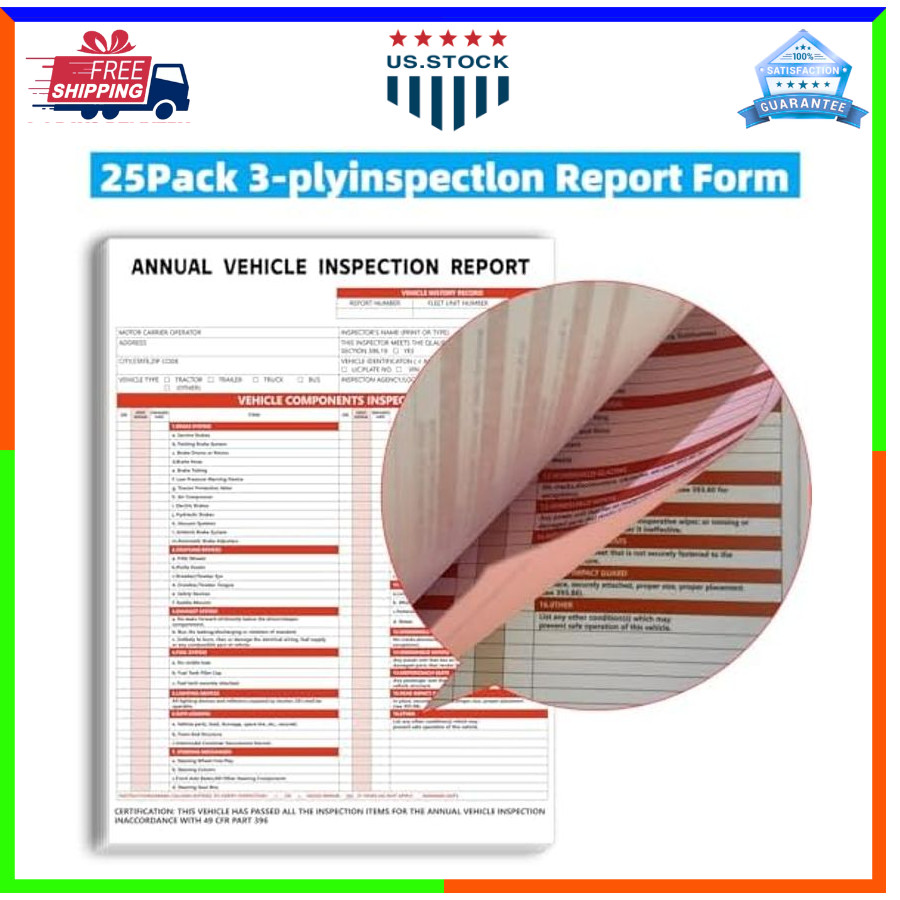 25 Pack Annual Vehicle Inspection Forms & Vinyl Labels 3 Layer Report Set