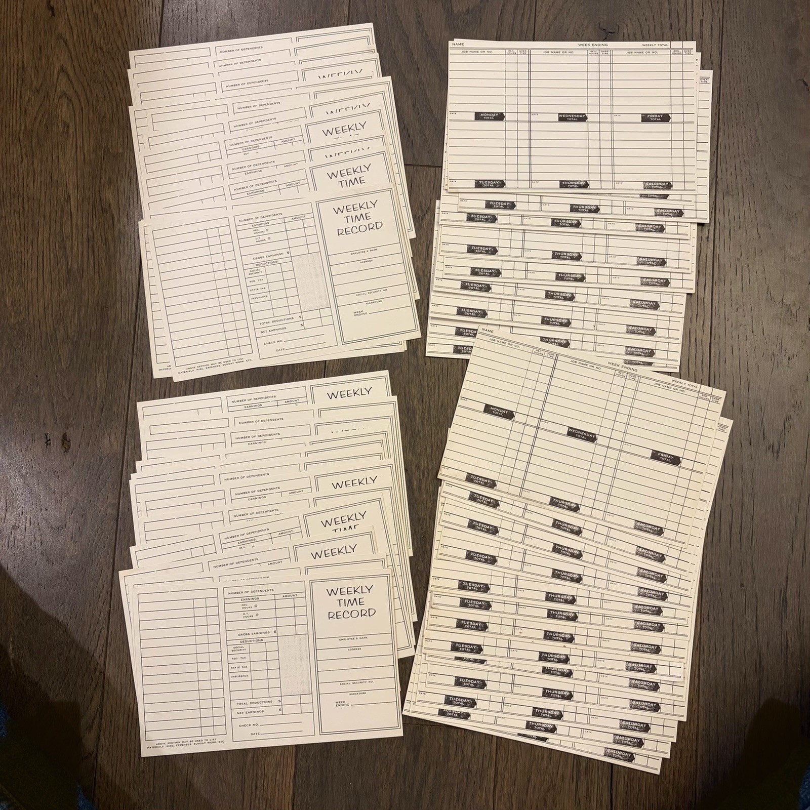 50 Vtg Business Employee Weekly Time Record Cards 7 7/8” X 5” White/ Black Print