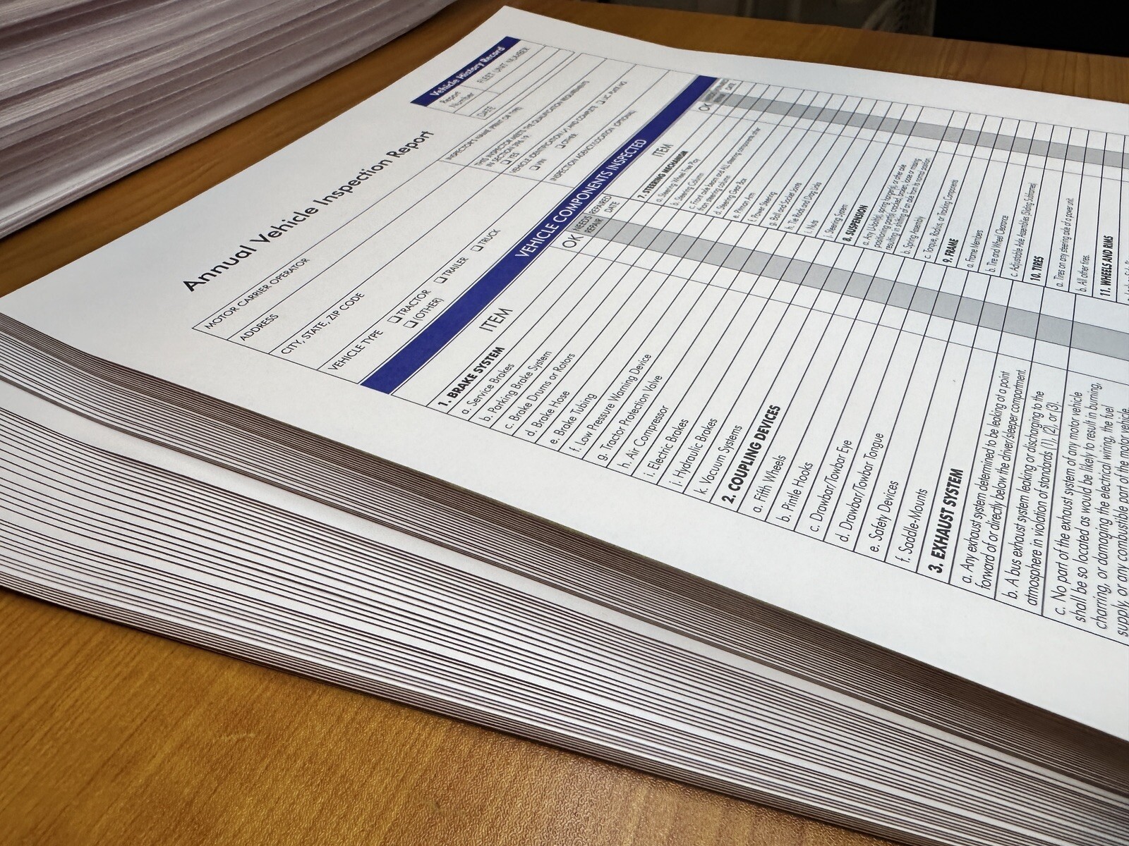50-PACK. Annual Vehicle Inspection Report Form. 3-Ply, Carbonless. FMCSA DOT.