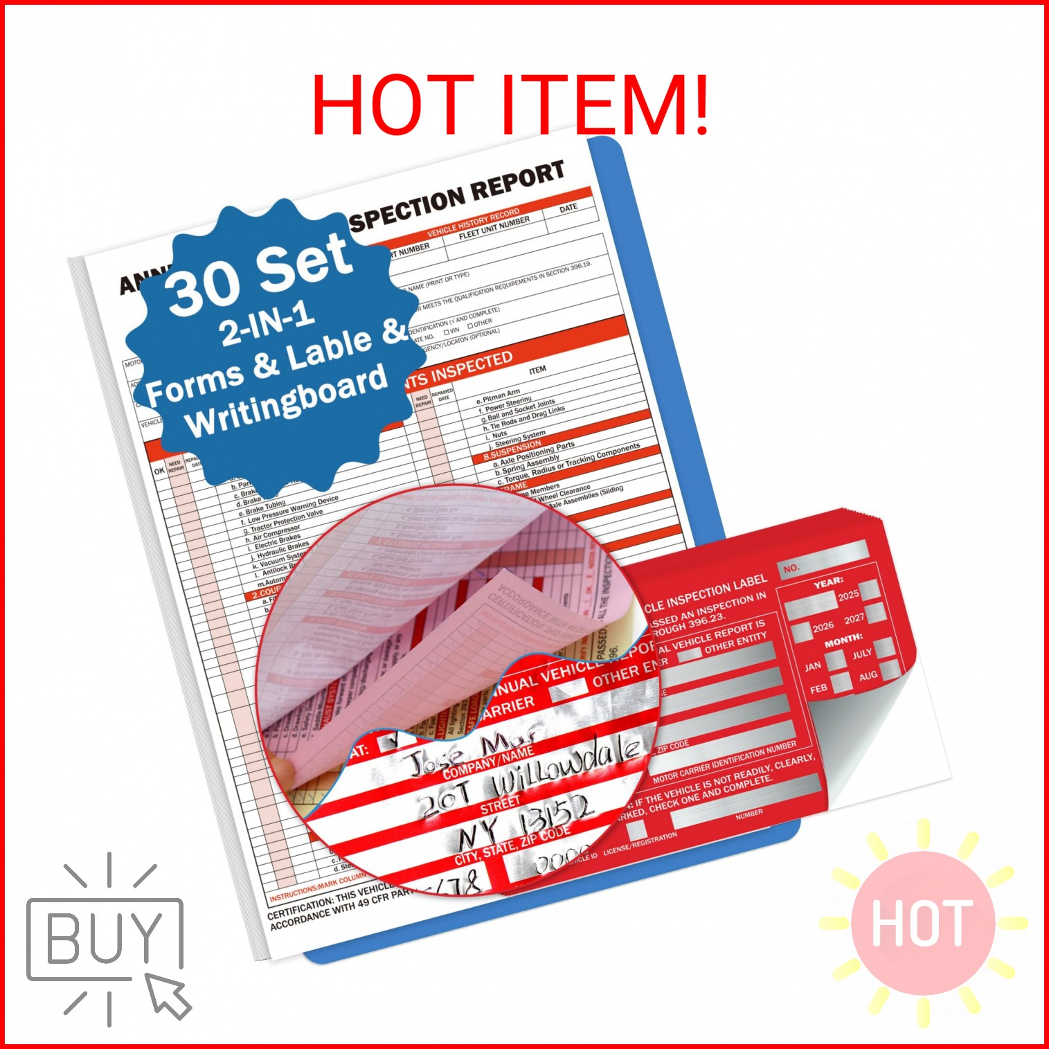 PUNCHMAN 30 Pack Annual Fleet Inspection Report Form & Red Aluminum Label, 3-Ply