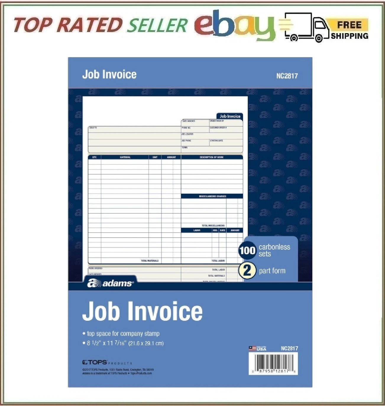 Adams Job Invoice Forms, 2-Part Carbonless, for Service and Repair Billing, 100