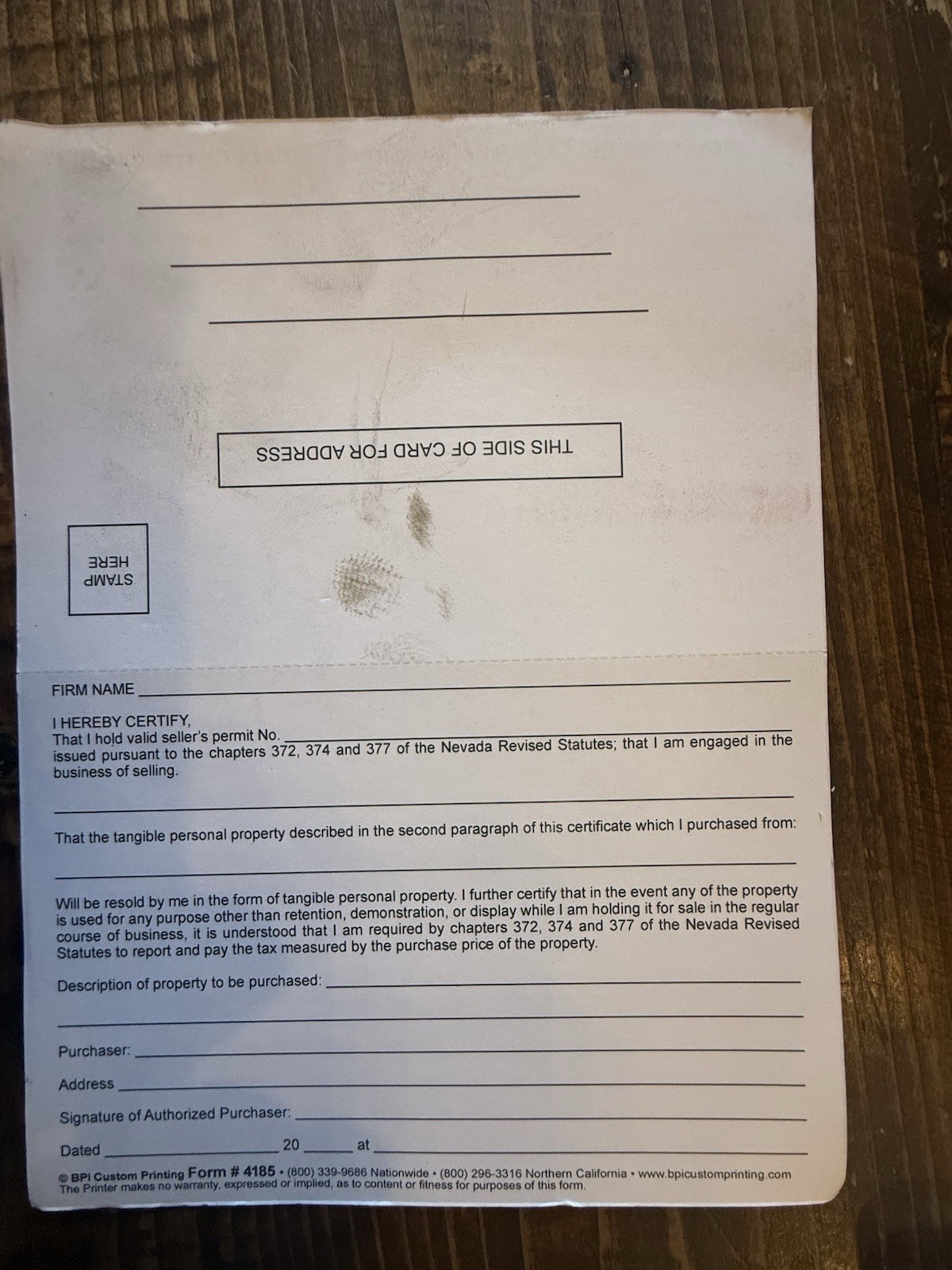 (2) Packs 100 Nevada Resale Tax Card Forms 4185 FREE SHIPPING!