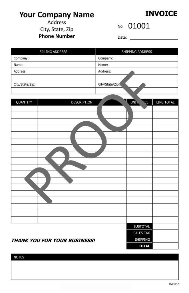 500 Custom Invoices / 2 Part Carbonless / 5.5 x 8.5 / TMG052