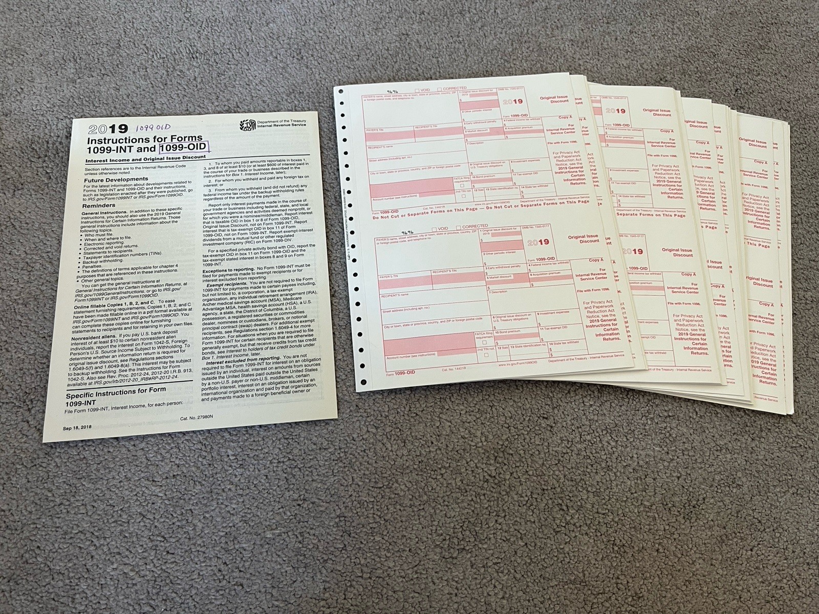 1099-OID 2019 Year – 20 Pack 2 part set carbonless IRS Tax Form 40 slots total