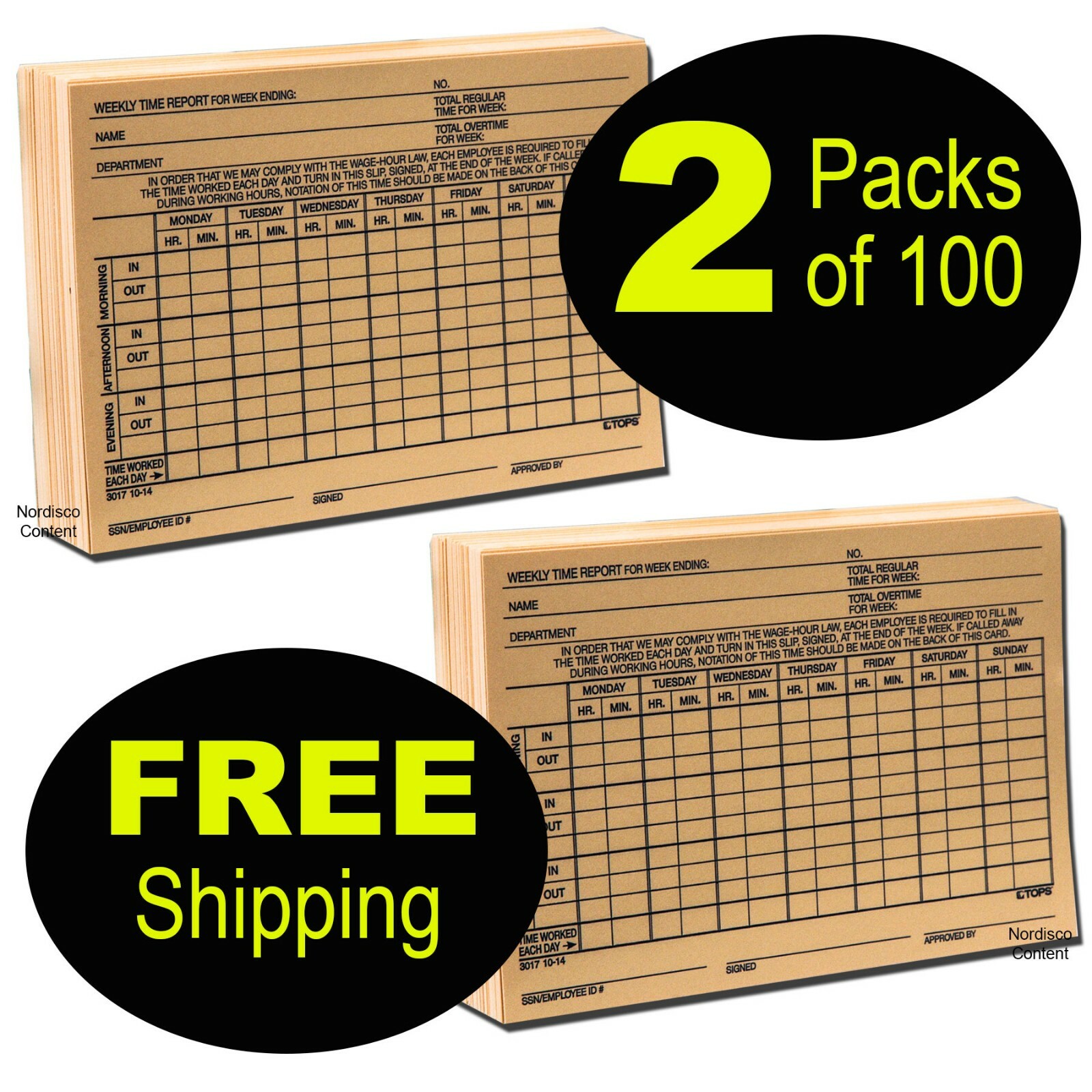 Tops 3017 Weekly Time Report Card, 4 x 6″, Buff Index Stock, 2 Packs of 100
