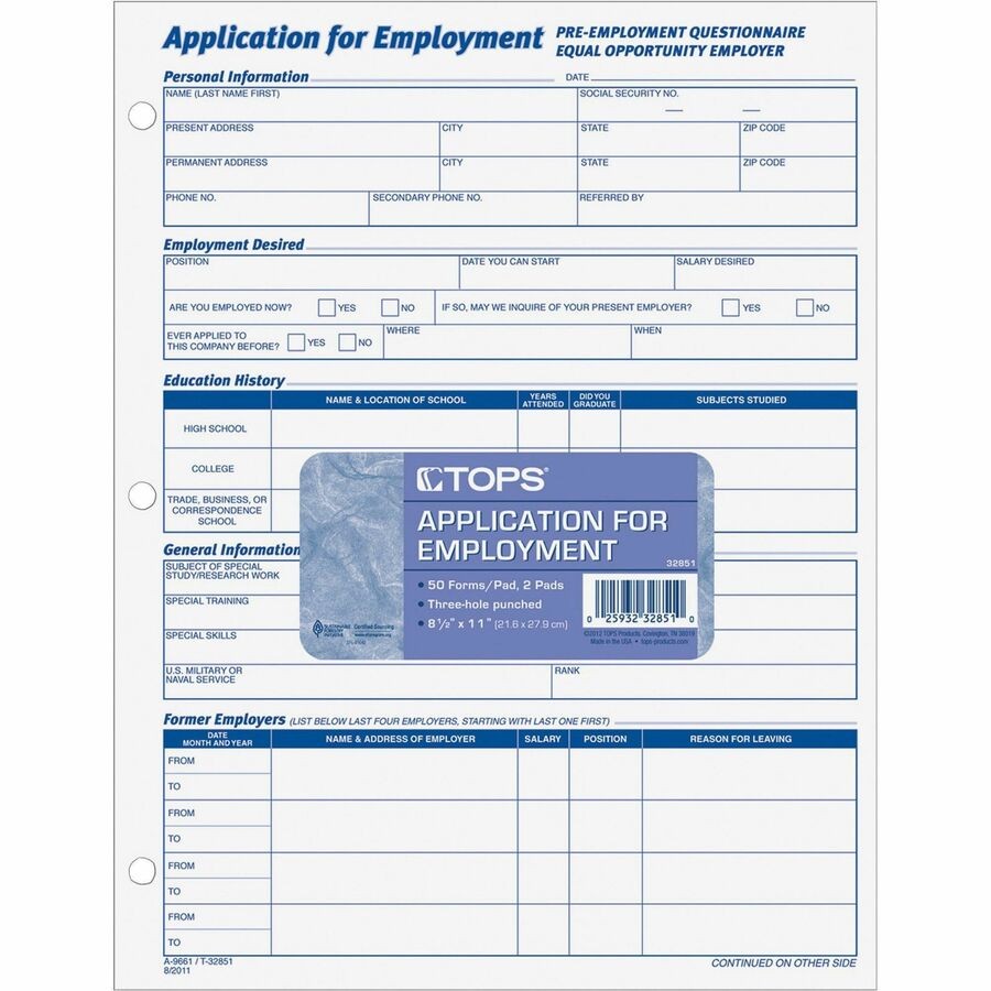 Cardinal Brands TOP32851 Employment Application Form 50 Sheets White