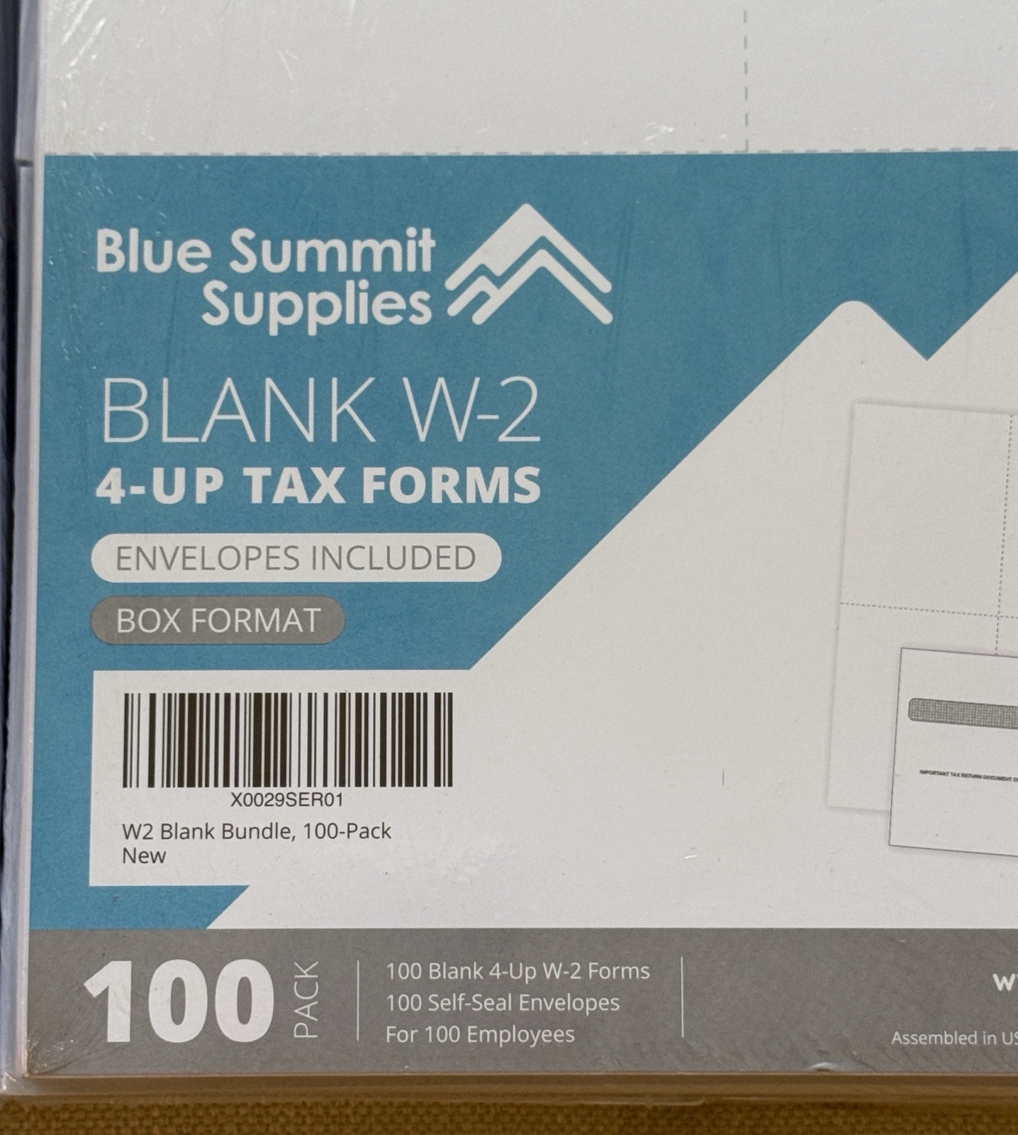 Blue Summit Supplies Blank W2 4-Up Tax Forms w/Envelopes 100 Employee 5 Packages